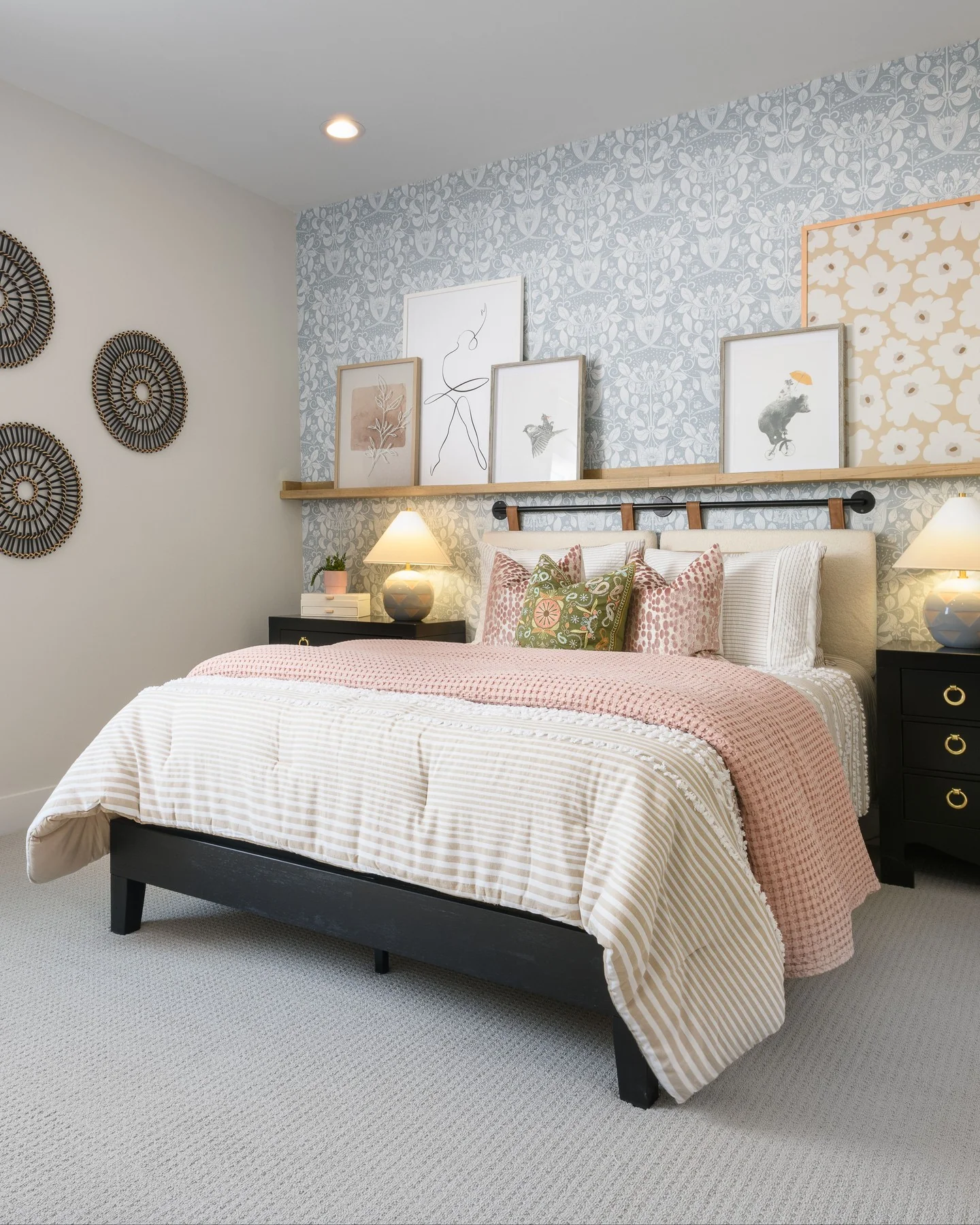 8. Pattern Play in a Soft Palette (Scandinavian Bedroom Ideas)