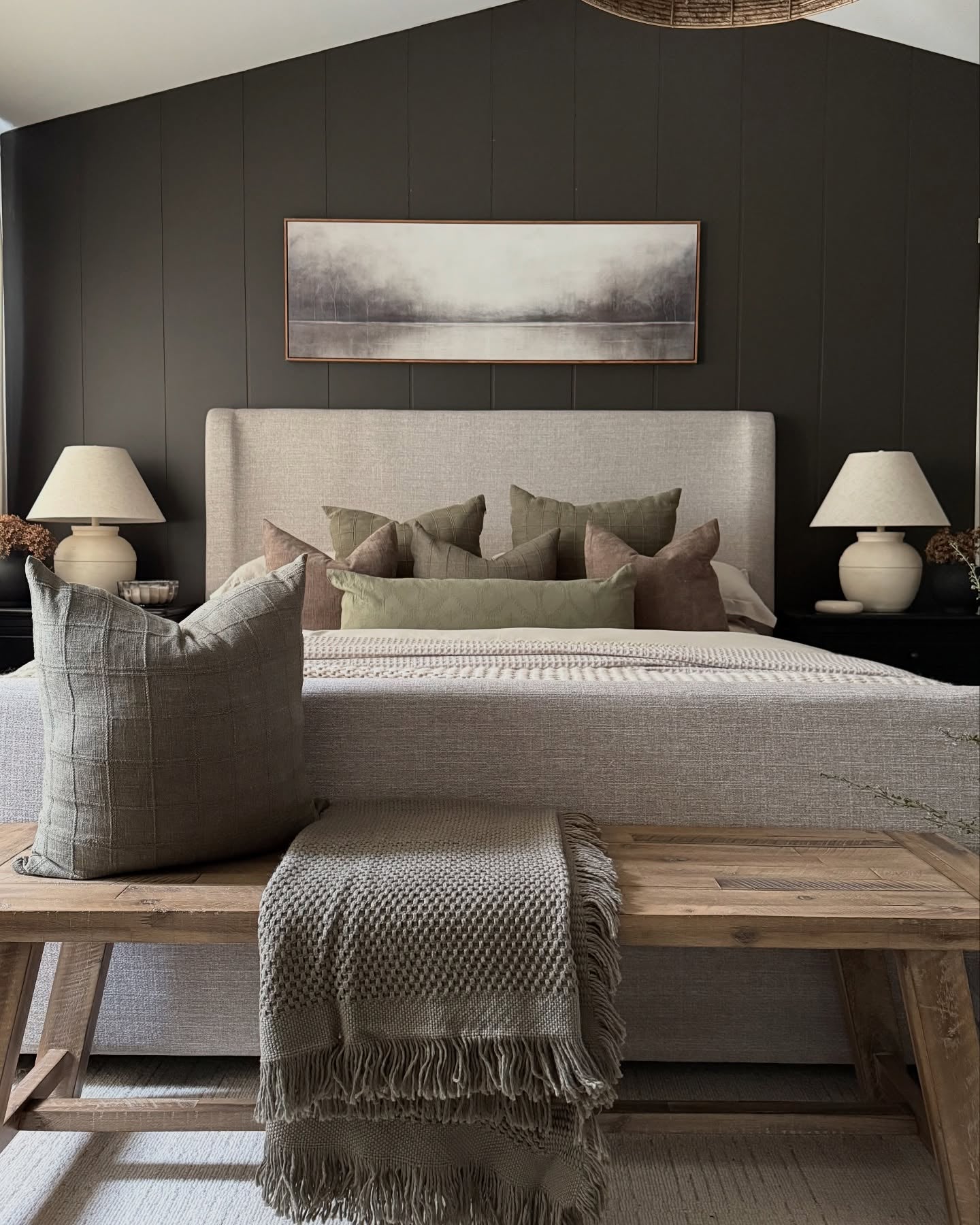 22. Moody Contrast with Earth-Derived Tones (Scandinavian Bedroom Ideas)