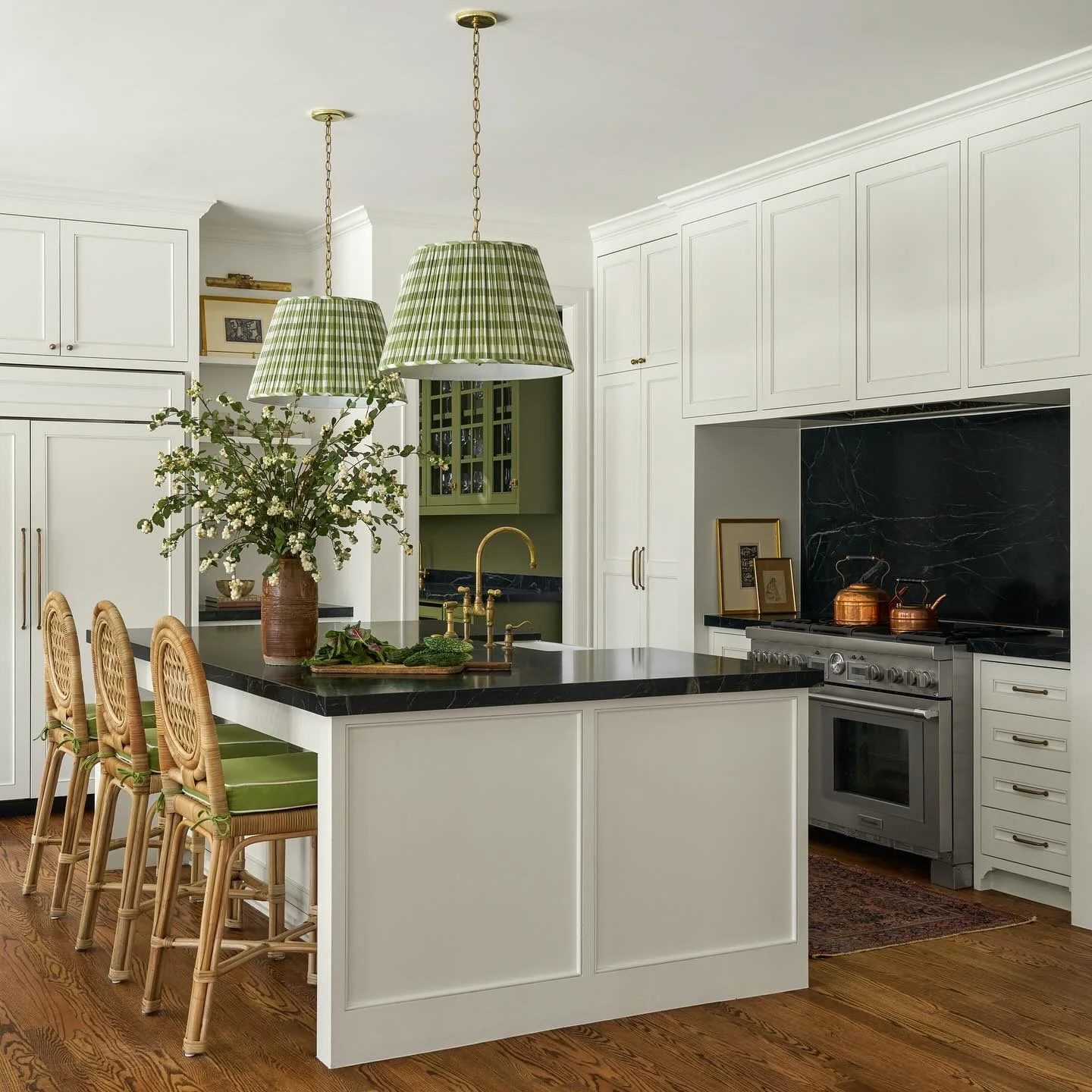 9. Layered Traditional Style with Green Accents and Gingham Lights (classic kitchen ideas)