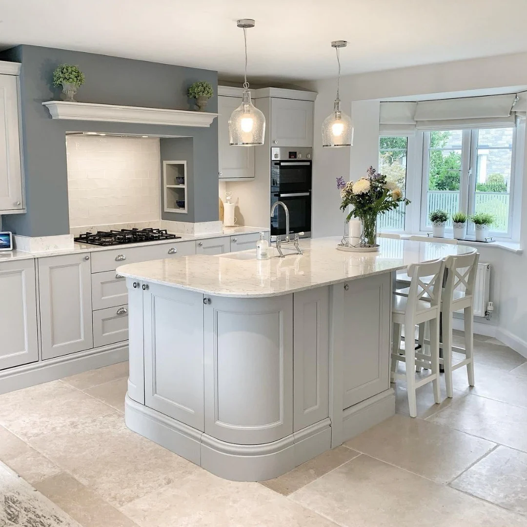 20. French Grey Elegance with Soft Blue Undertones (classic kitchen ideas)