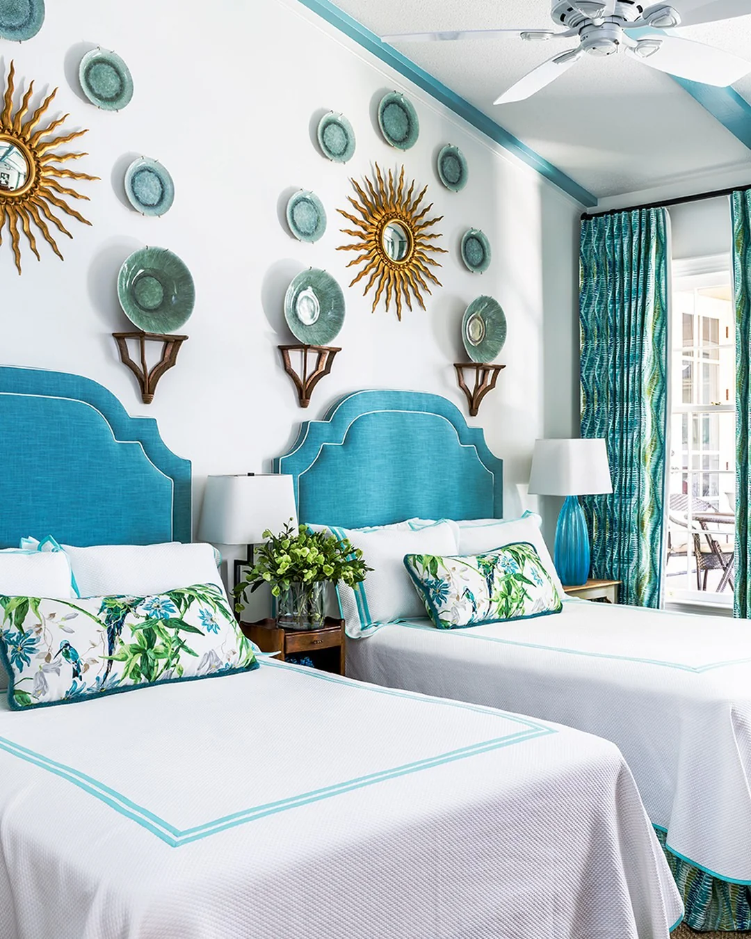 3. Palm Garden Elegance in Aqua and White (Turquoise Bedroom Ideas)