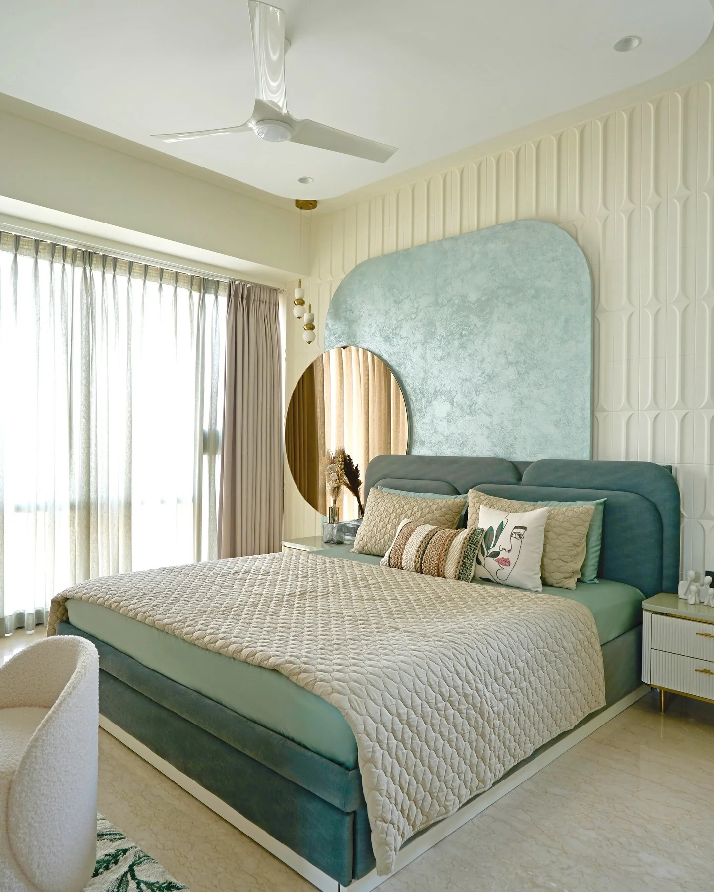 13. Contemporary Calm with Velvet and Cream (Turquoise Bedroom Ideas)