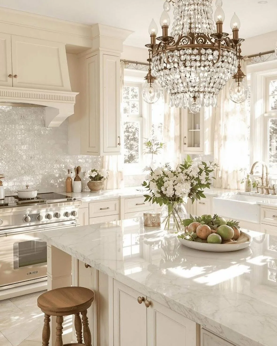 20. Ivory Elegance with Crystal Chandelier (Unique Kitchen Ideas)