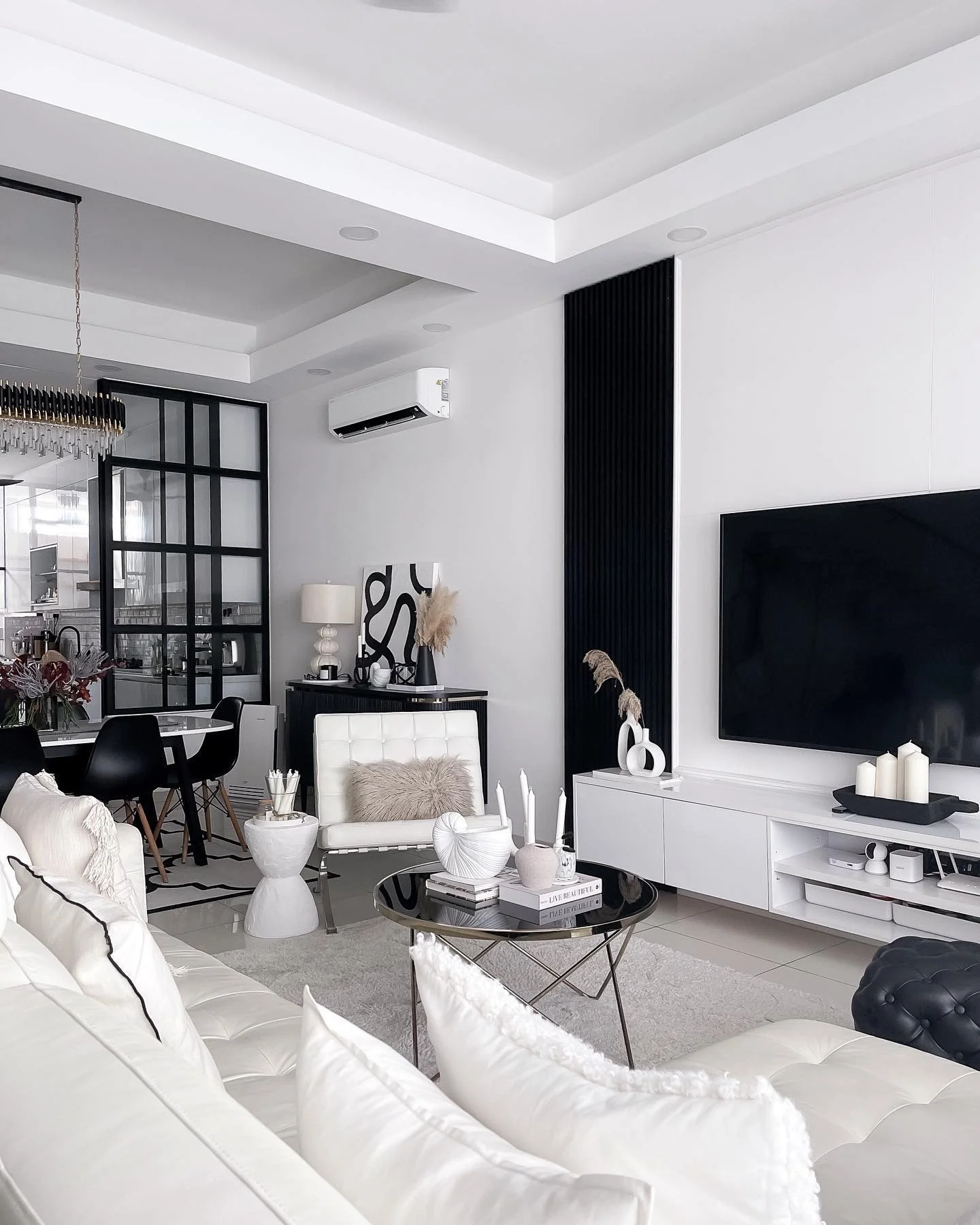 11. Black & White Contrast with Modern Texture (White Living Room Ideas)