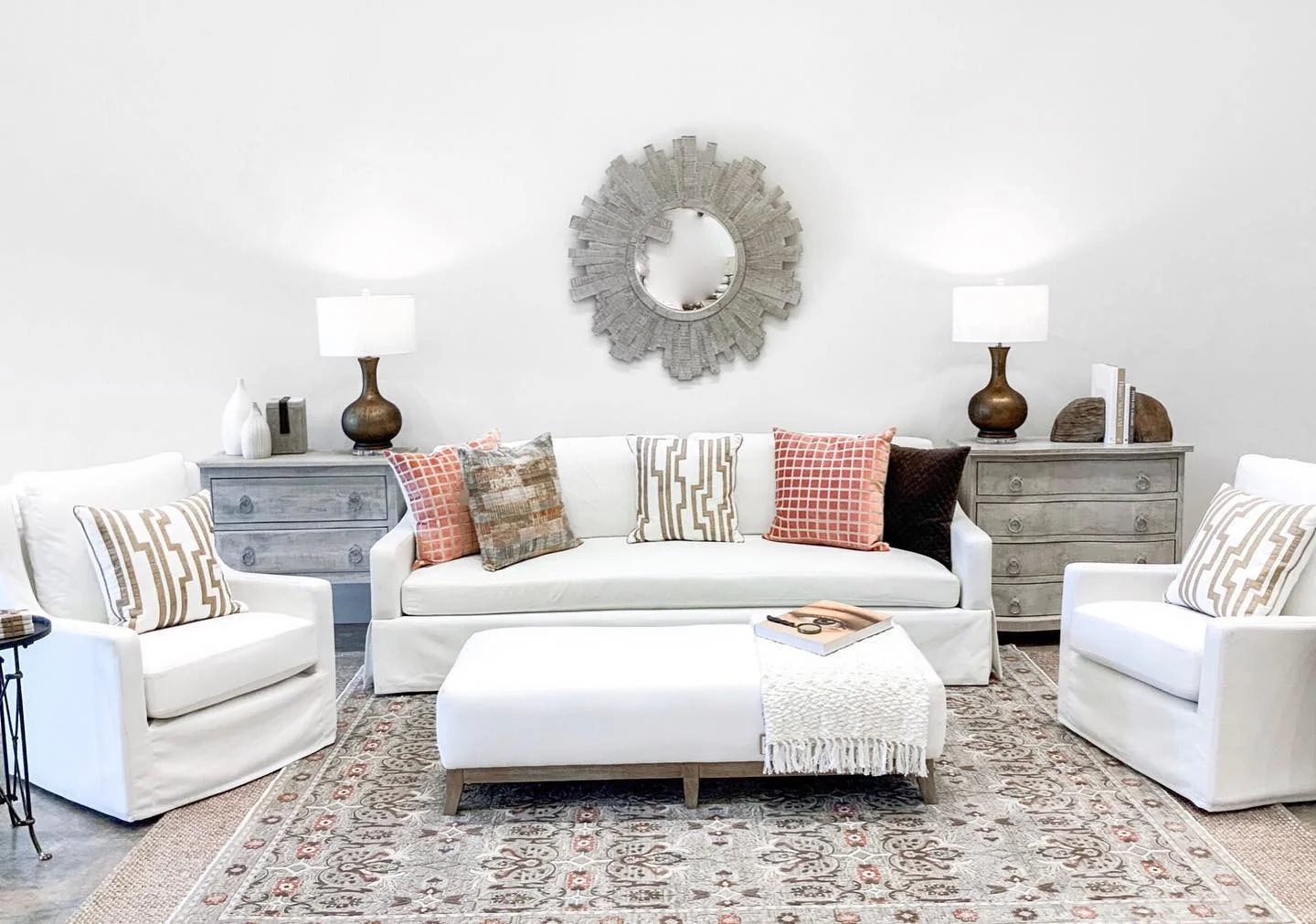24. Pattern Play with Classic Contrast (White Living Room Ideas)