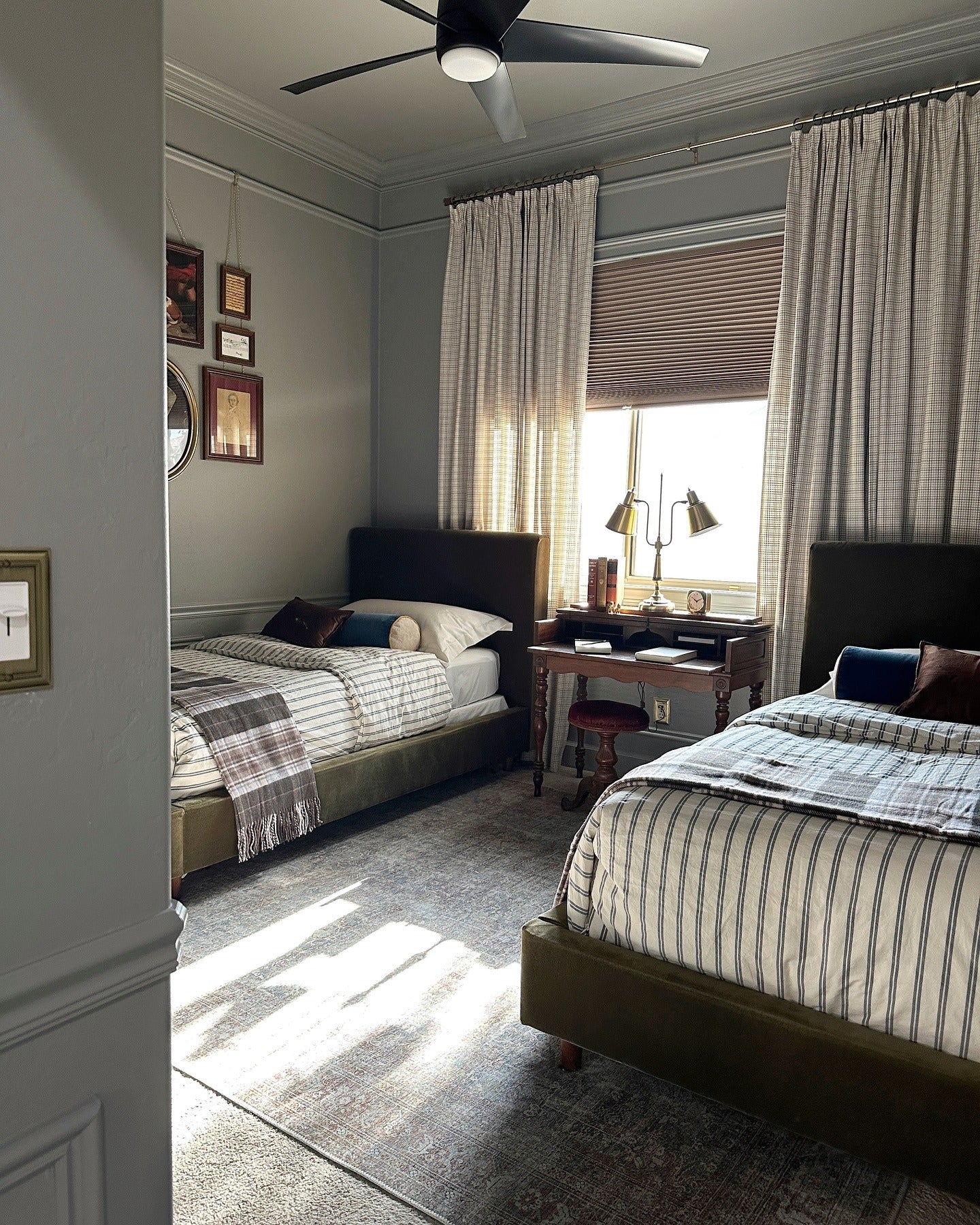 13. Tailored Twin Setup in Dusty Blue and Olive (Spare Bedroom Ideas)