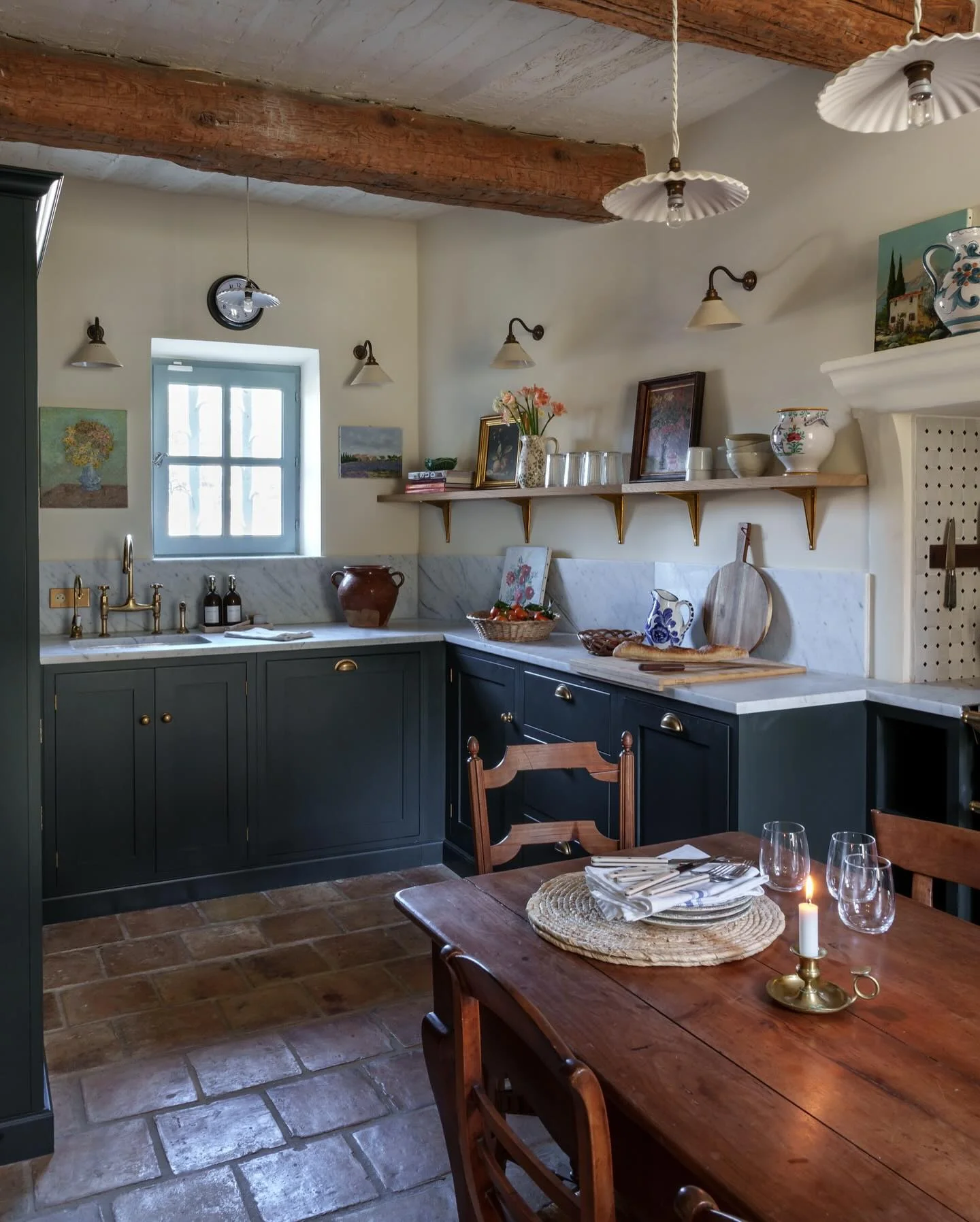 5. French Cottage with Rustic Green Cabinets (Vintage Kitchen Ideas)