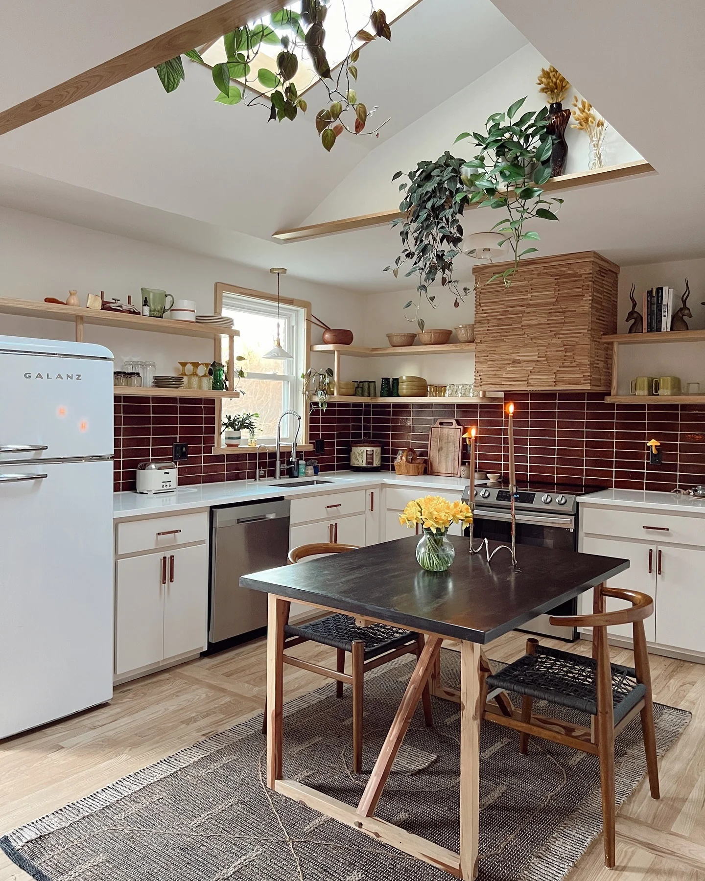 3. Modern Retro with Burgundy Accents (Vintage Kitchen Ideas)
