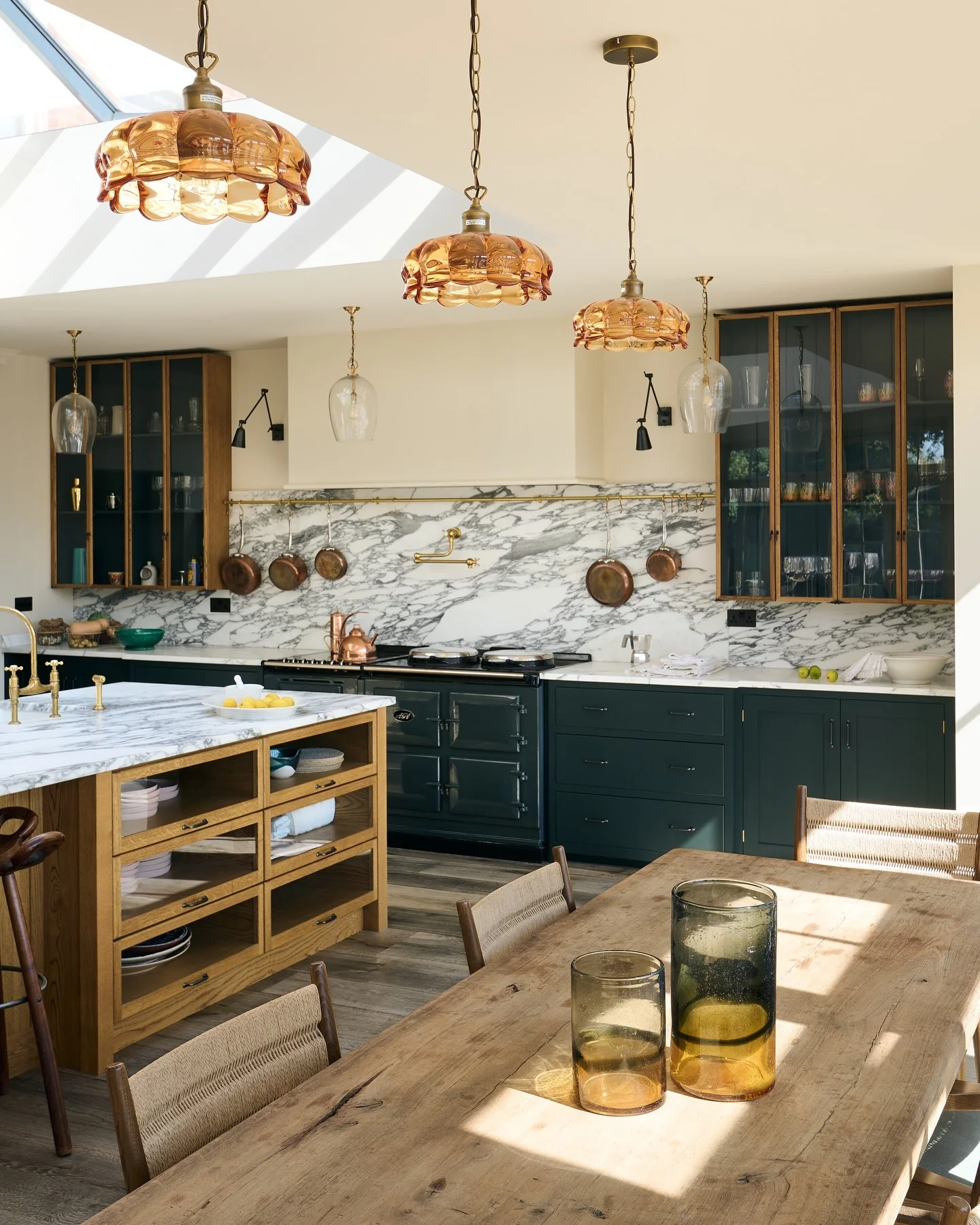 11. Emerald Cabinets and Sculptural Lighting (Vintage Kitchen Ideas)