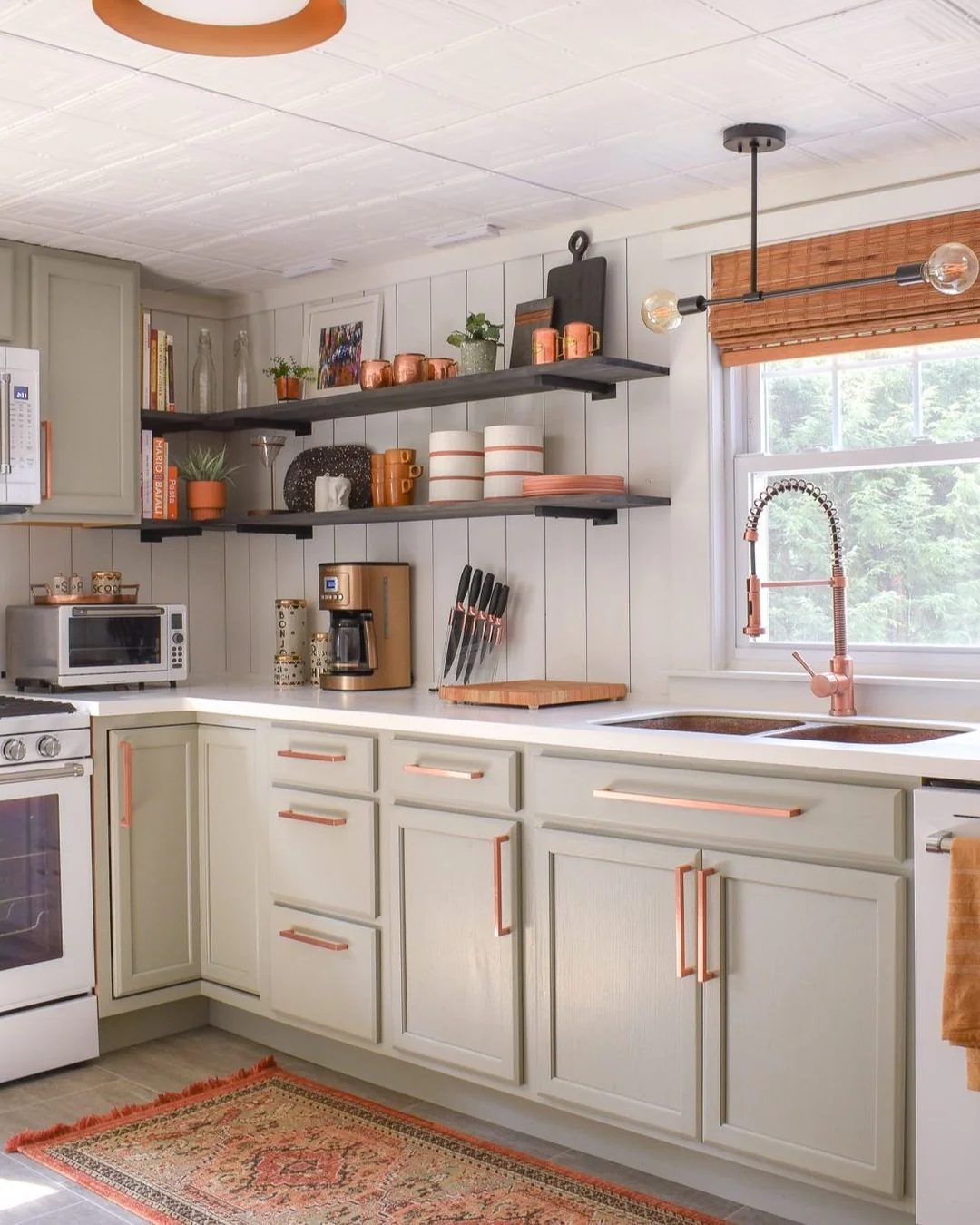 7. Sage Green Simplicity with Copper Details (Vintage Kitchen Ideas)