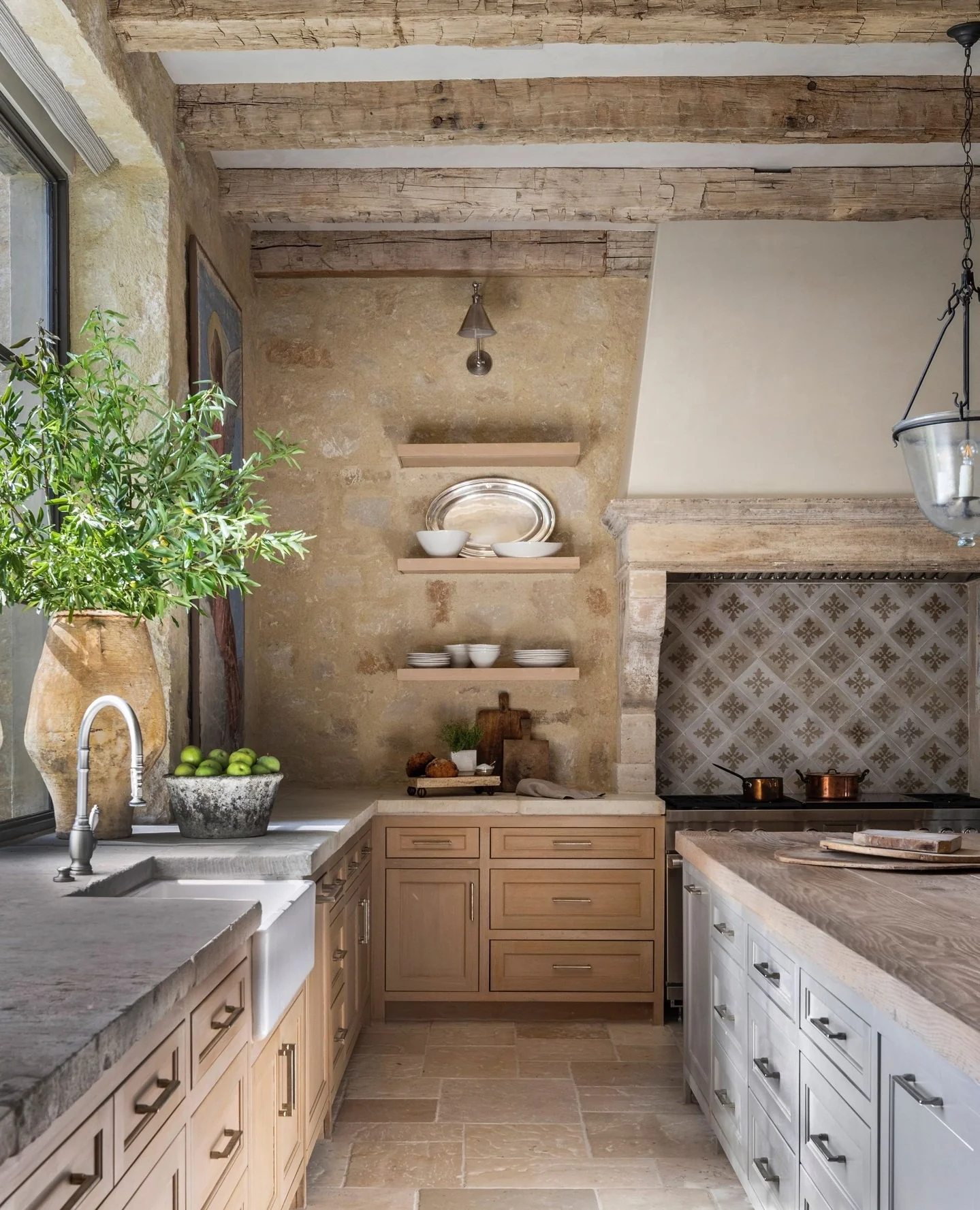15. Tuscan Influence with Natural Stone and Beams (Vintage Kitchen Ideas)