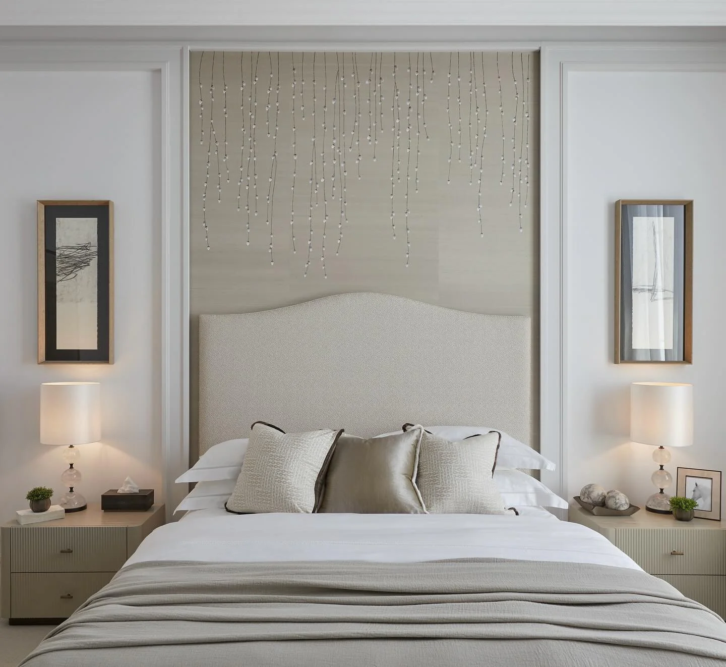 11. Elegant Symmetry with Soft Pearl Tones (Off White Bedroom Ideas)