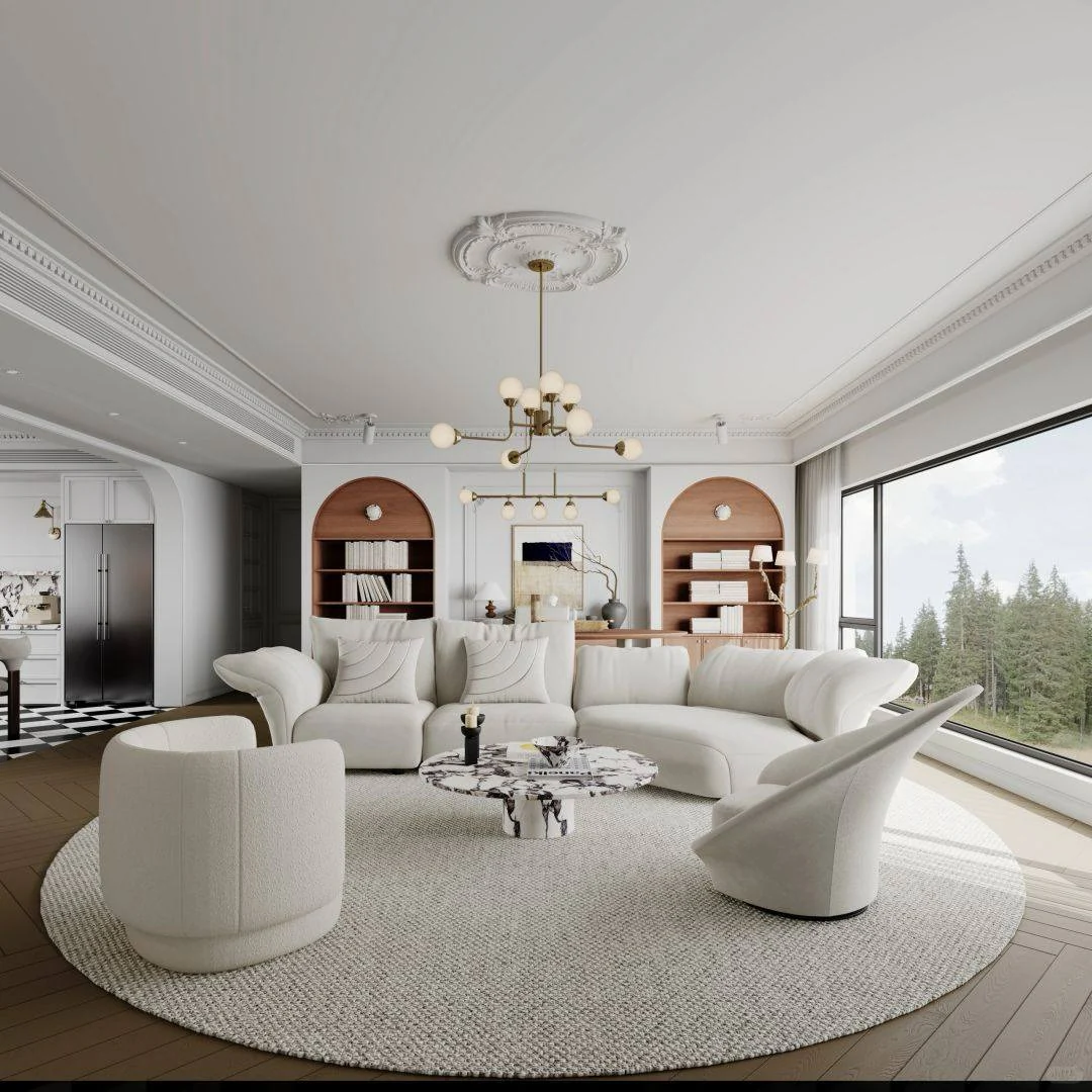 2. Modern Curves and Clean Edges (Cozy Living Room Ideas)