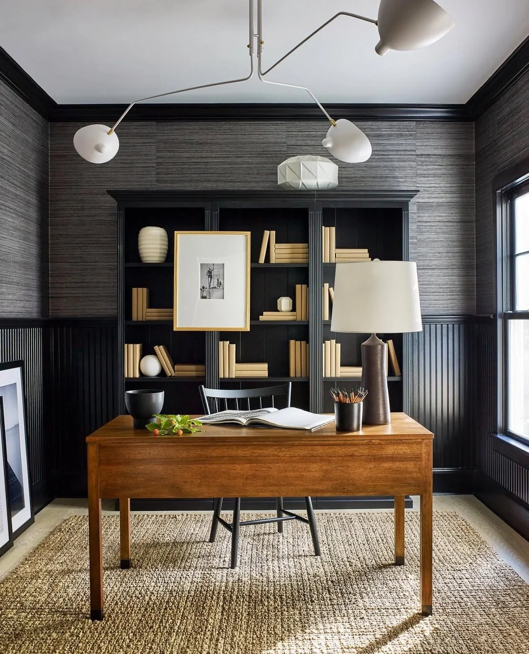 4. Monochrome Bookish Study with Sculptural Light (Masculine Home Office Ideas)