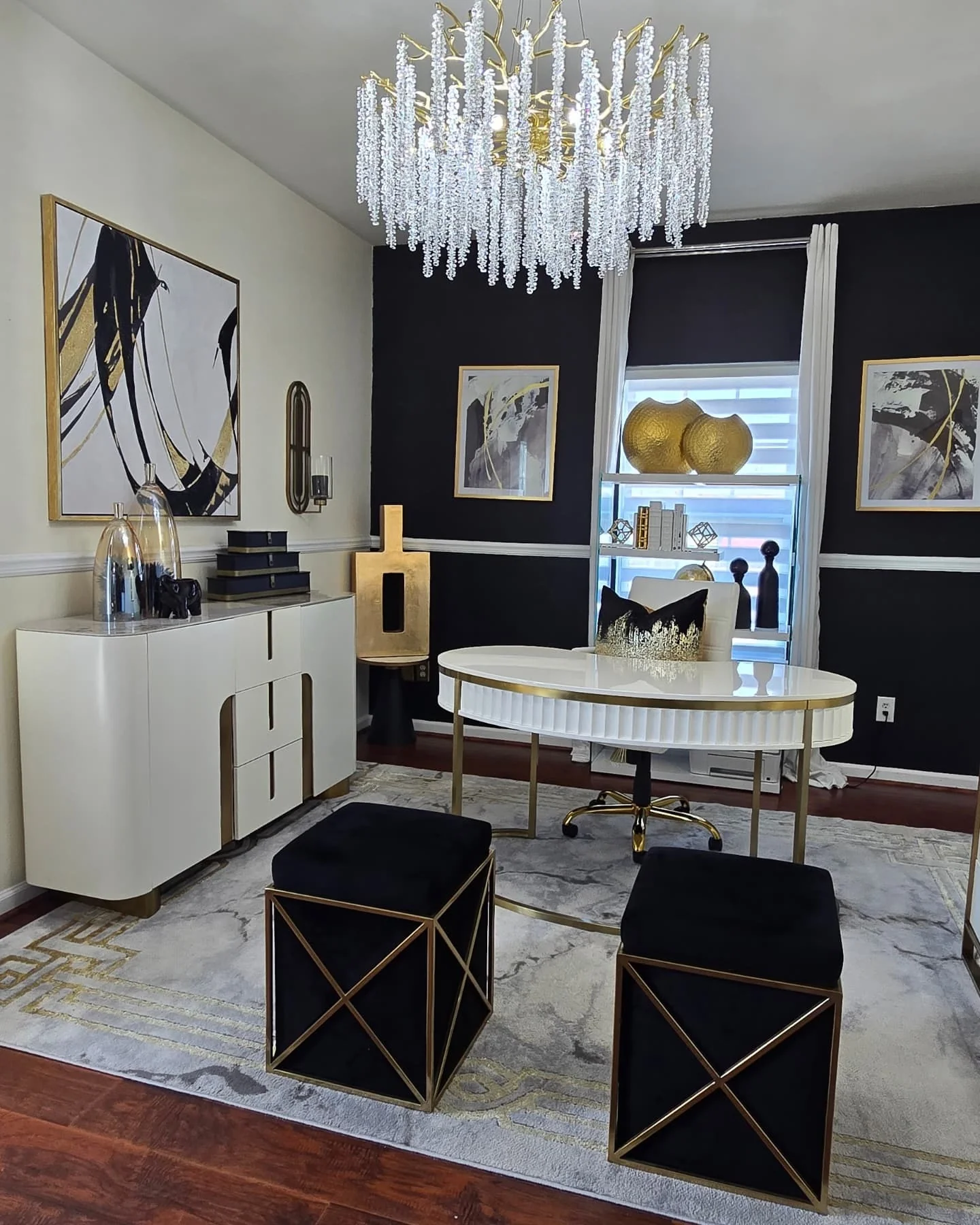 18. Luxe Black and White Office with Gold Accents (Masculine Home Office Ideas)