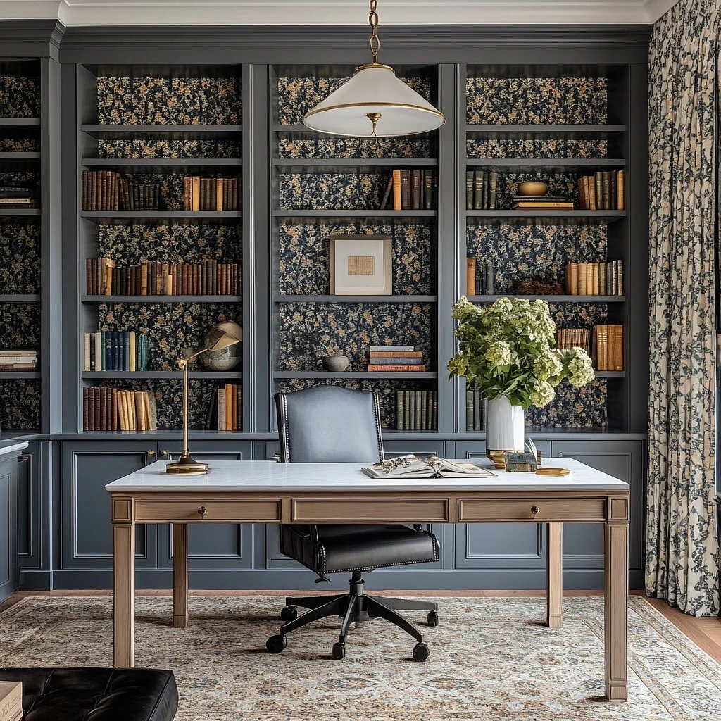 19. Classic Blue Office with Patterned Wallpaper Backdrop (Masculine Home Office Ideas)