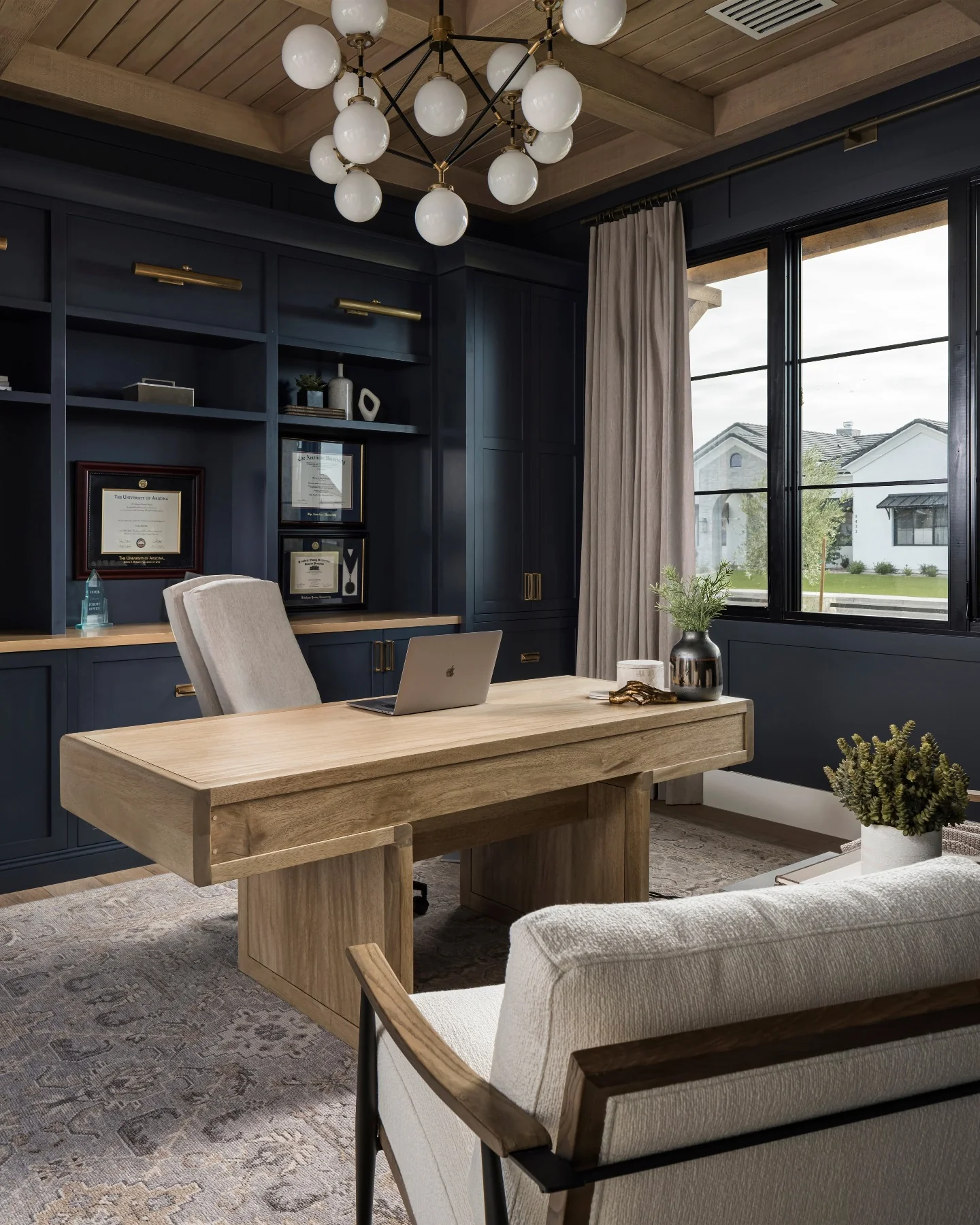 12. Midnight Blue Paneling with Blonde Oak Accents (Masculine Home Office Ideas)
