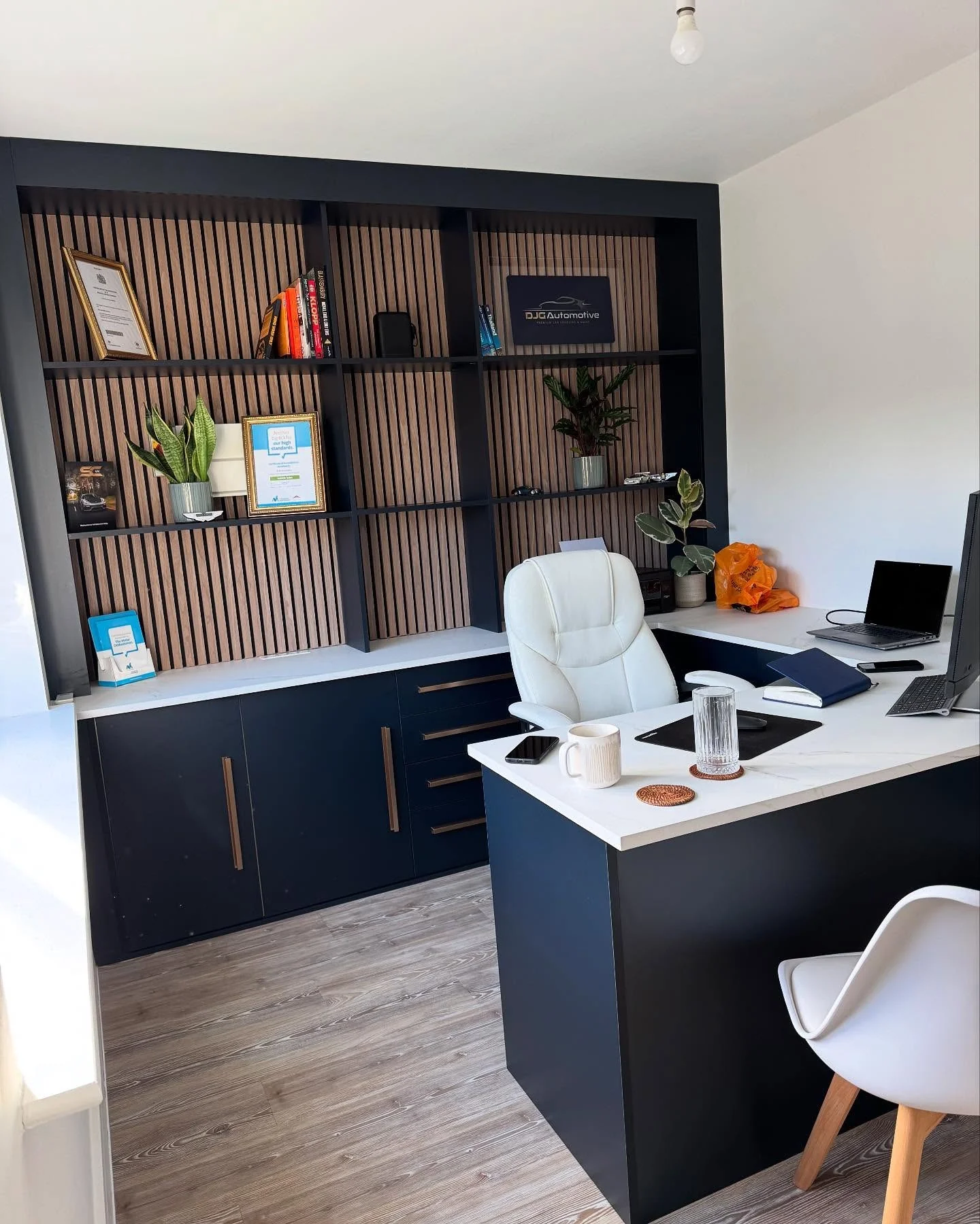 13. Contemporary Contrast with Slatted Wood Detailing (Masculine Home Office Ideas)