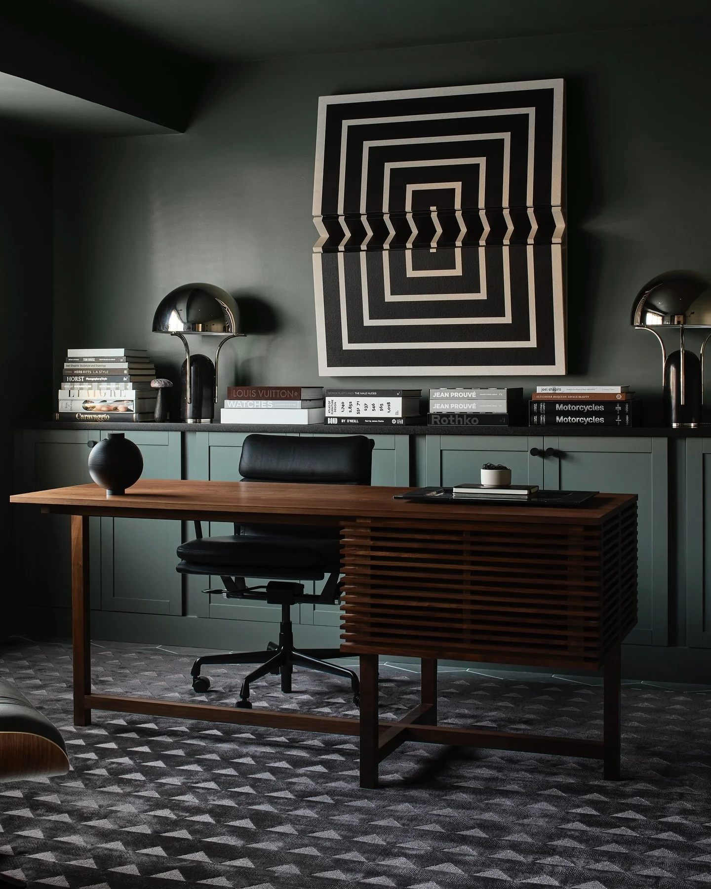 17. Olive-Toned Graphic Study with Sculptural Decor (Masculine Home Office Ideas)