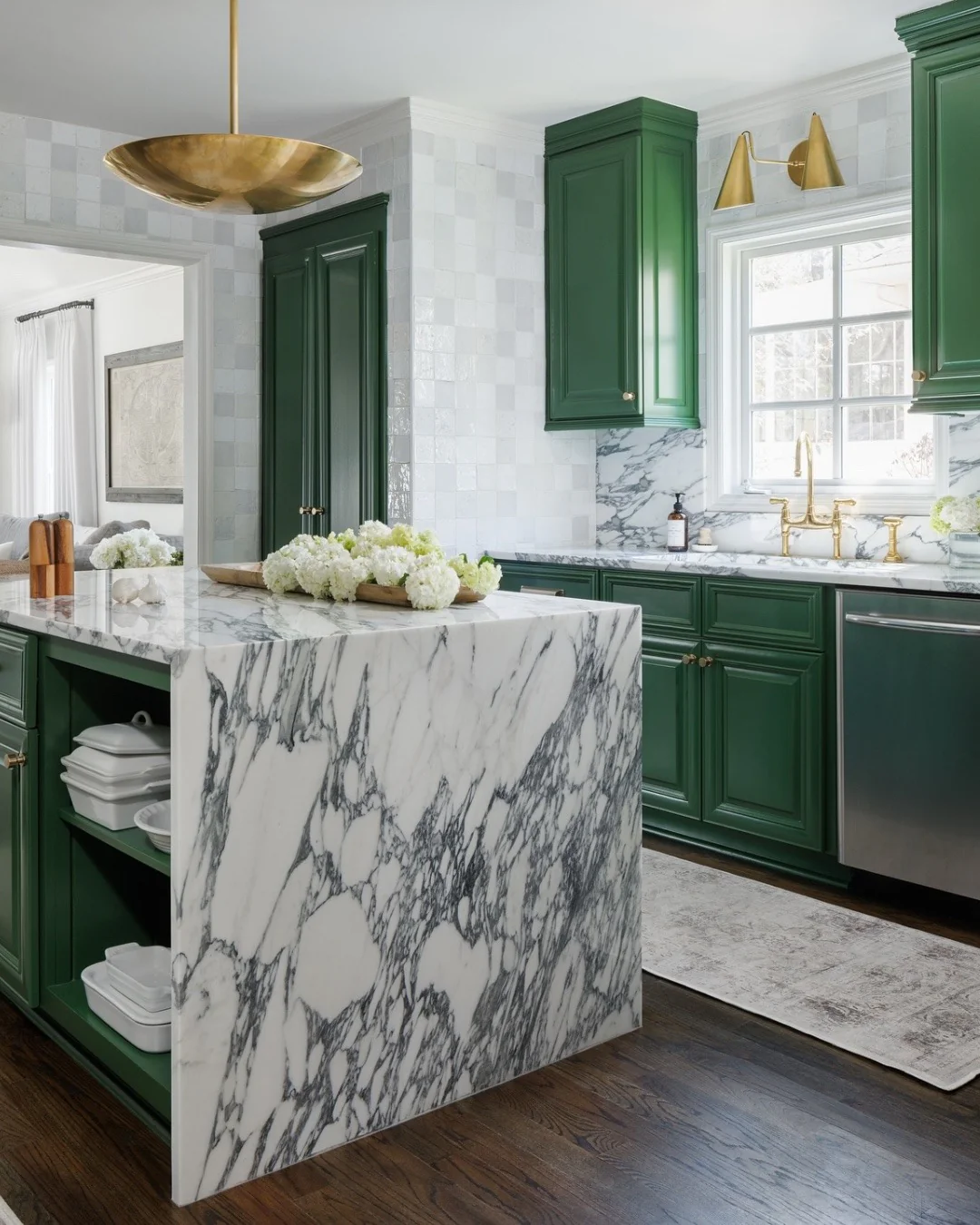 5. Forest Green Cabinets with Sculptural Marble Island (Dark Cabinets Kitchen Ideas)