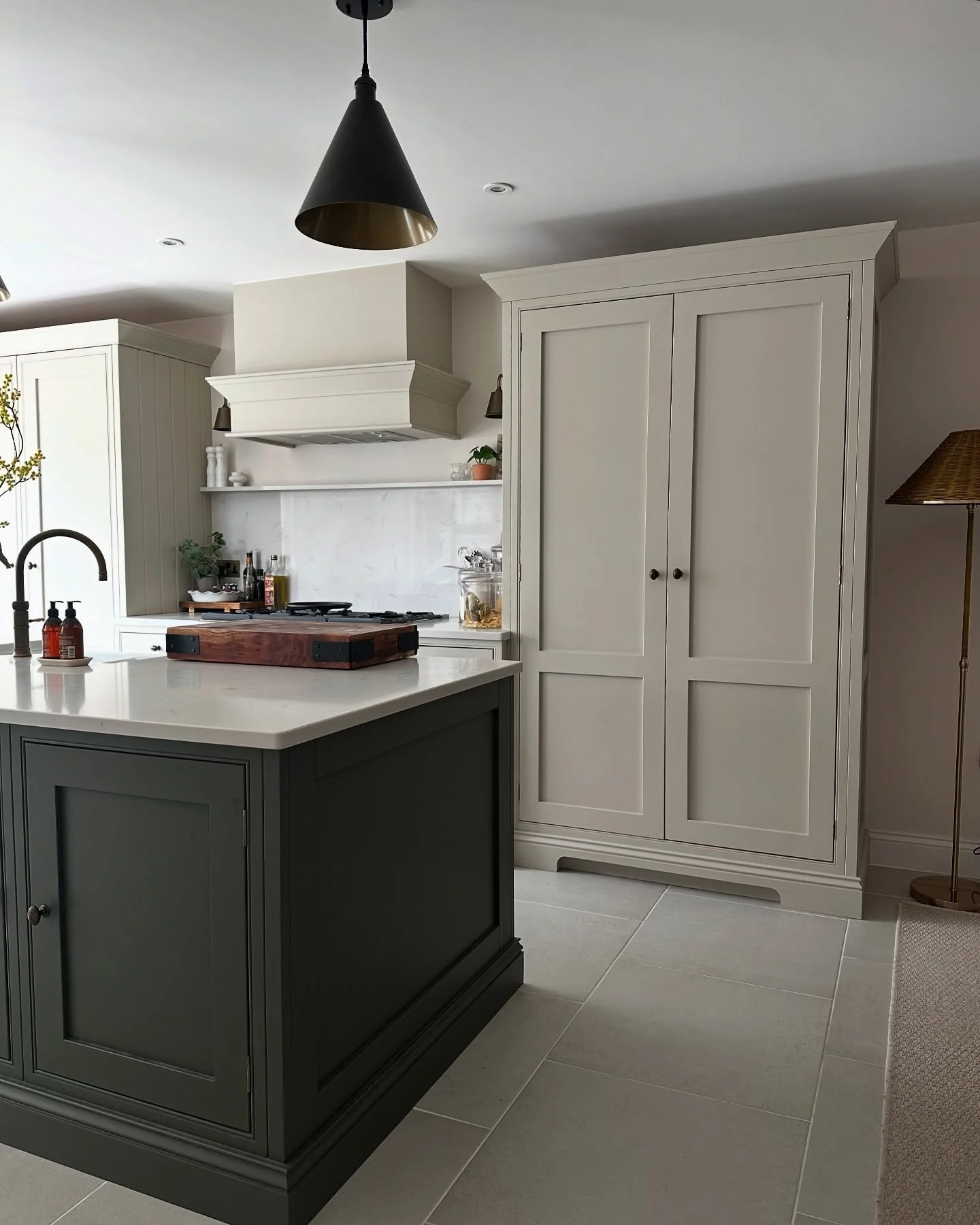 11. Olive Island with Warm Greige Accents (Dark Cabinets Kitchen Ideas)