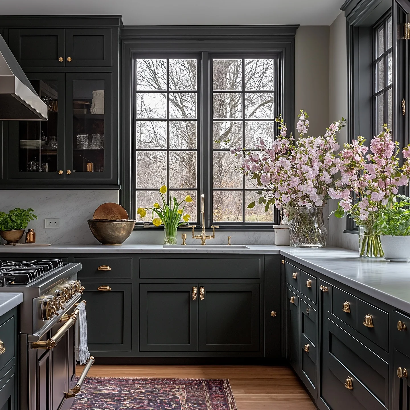 12. Matte Black Cabinets with Brass Hardware and Floral Touches (Dark Cabinets Kitchen Ideas)