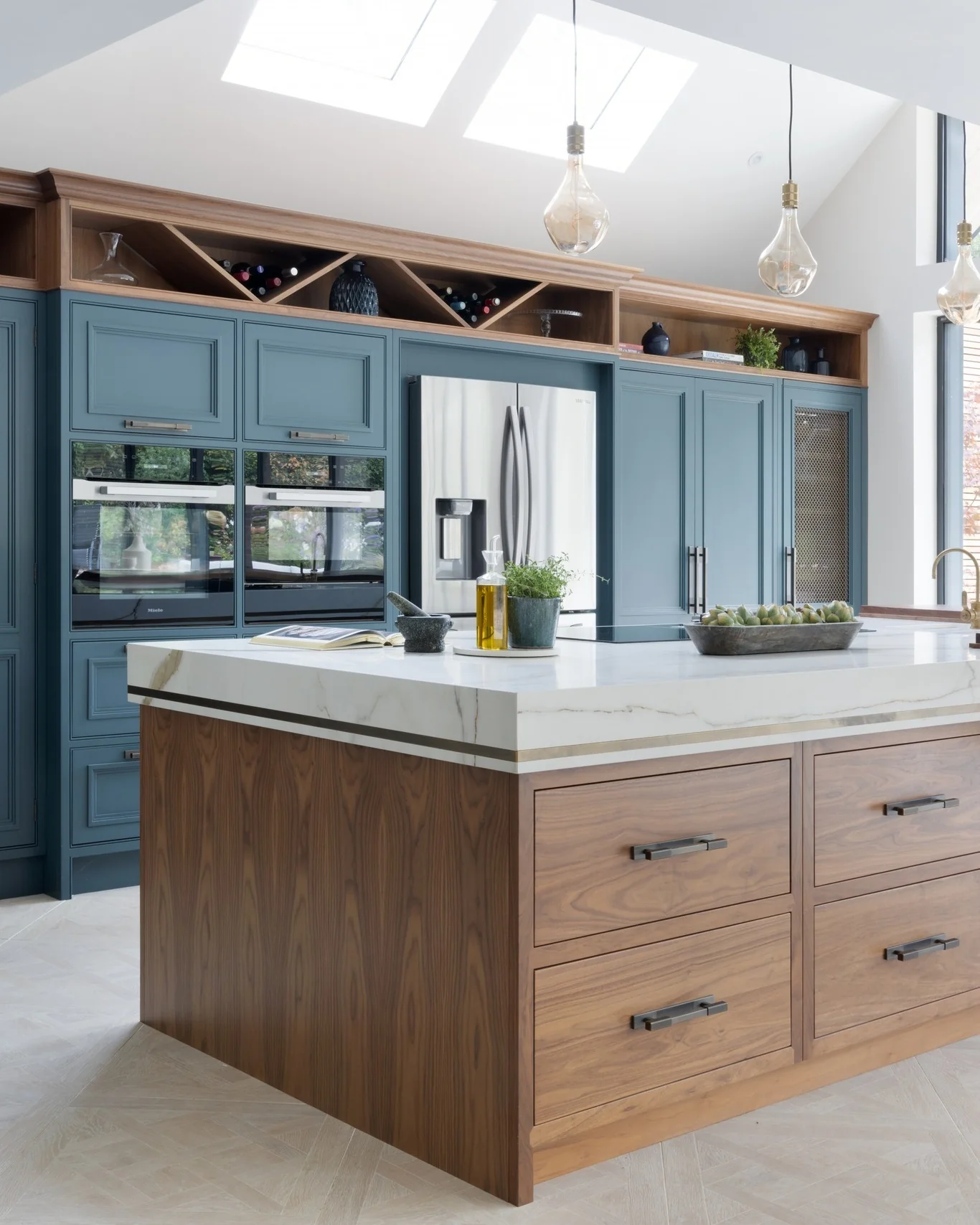 16. Slate Blue Pantry Wall with Walnut Island Base (Dark Cabinets Kitchen Ideas)