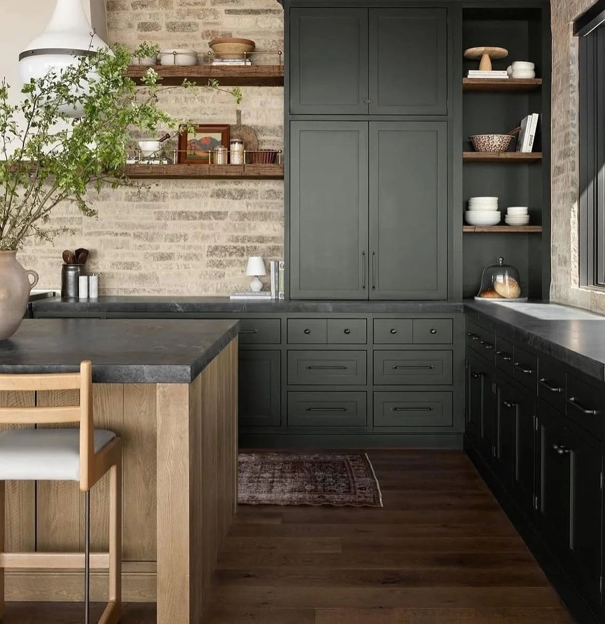 17. Charcoal Shaker Cabinets with Textured Brick Backsplash (Dark Cabinets Kitchen Ideas)