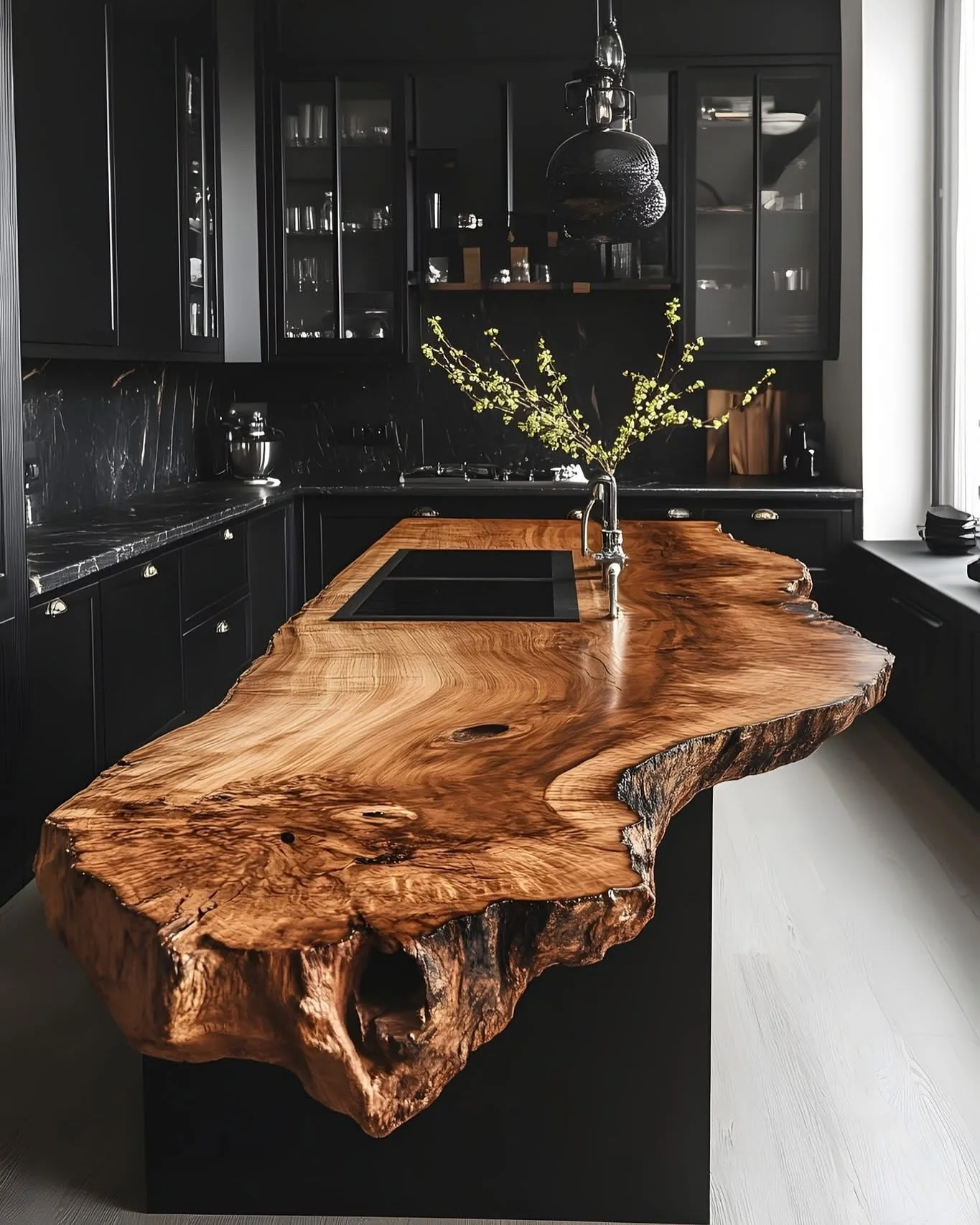 3. Statement Island with Organic Edge (Black Cabinets Kitchen Ideas)