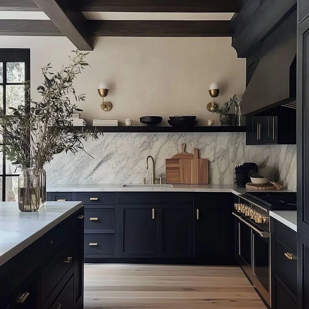 9. Refined Marble and Brass Detailing (Black Cabinets Kitchen Ideas)