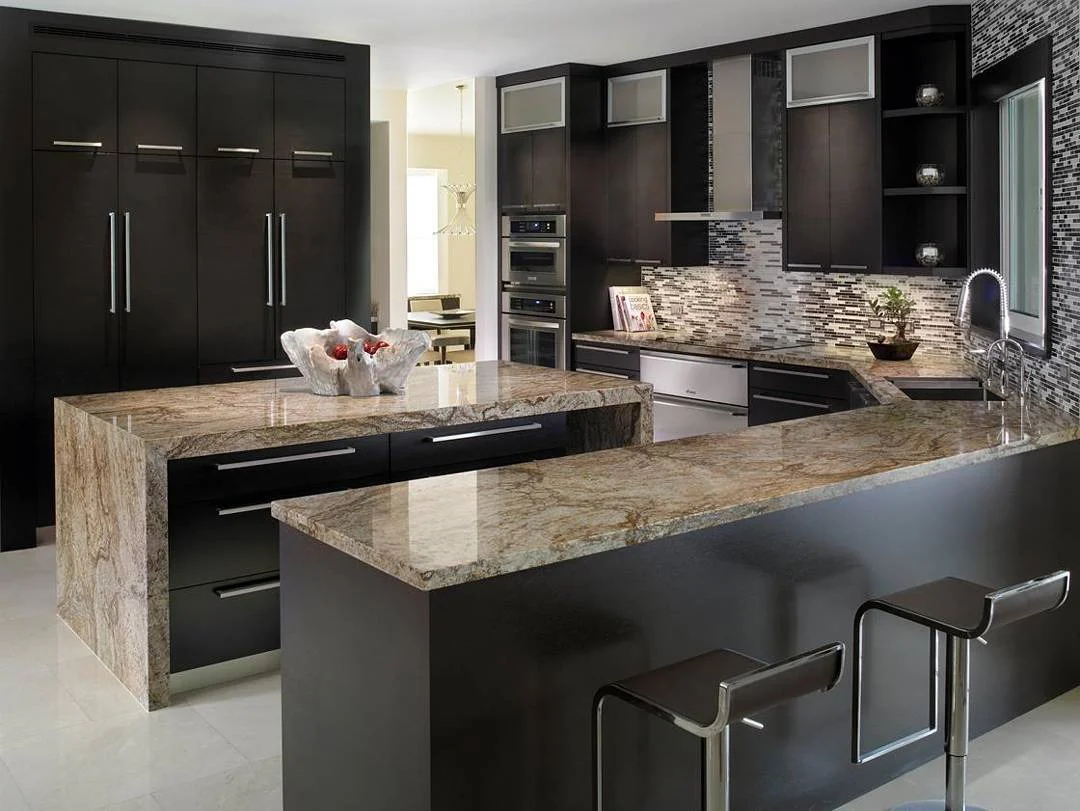 12. Contemporary Contrast with Stone and Steel (Black Cabinets Kitchen Ideas)