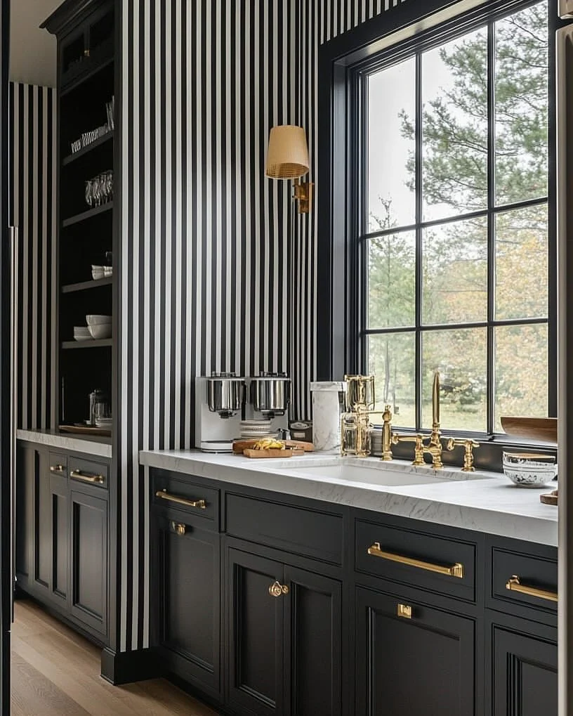17. Striped Sophistication with Gold Fixtures (Black Cabinets Kitchen Ideas)