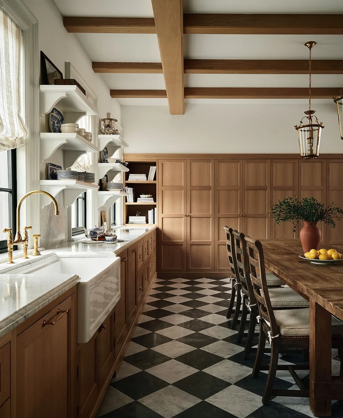 2. Classic Country Influence with Checkered Charm (Brown Kitchen Cabinets Ideas)