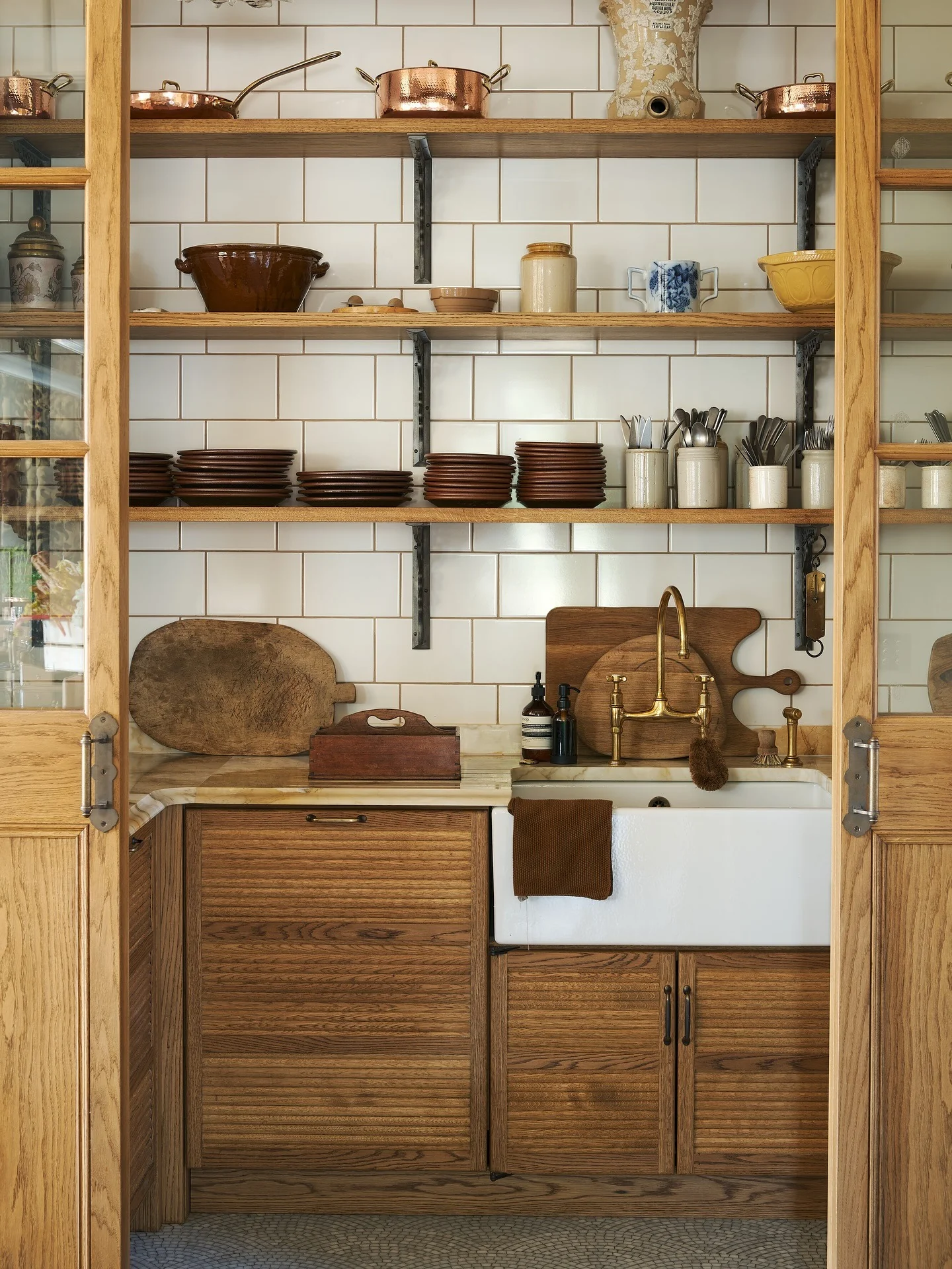 9. Vintage Pantry Appeal with Open Storage (Brown Kitchen Cabinets Ideas)