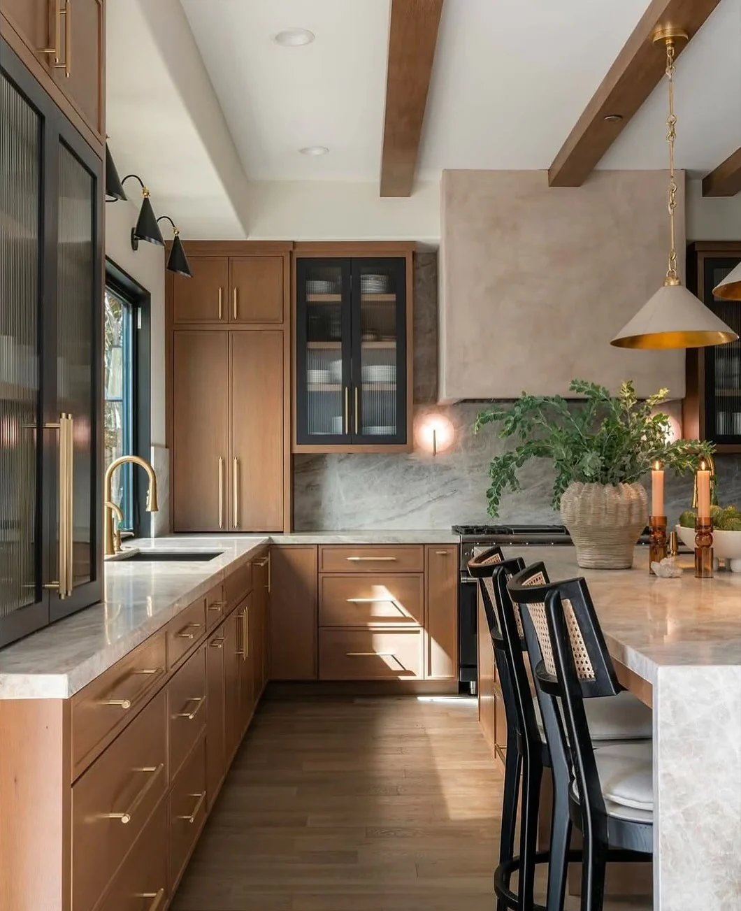 12. Modern Craftsman with Black and Brass Details (Brown Kitchen Cabinets Ideas)