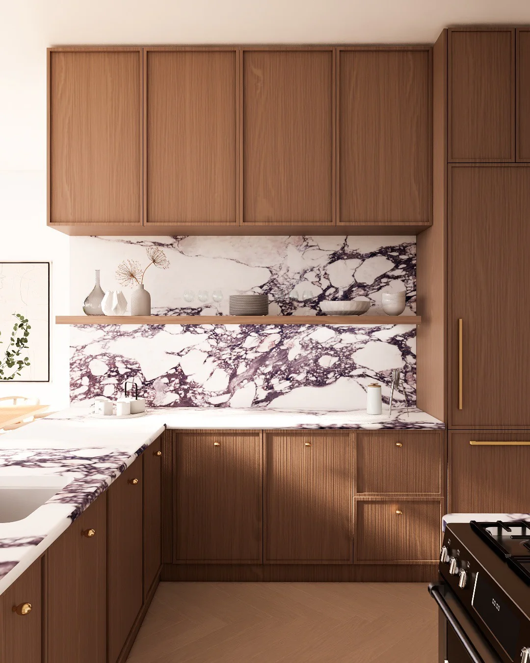 14. Contemporary Statement with Bold Veining (Brown Kitchen Cabinets Ideas)