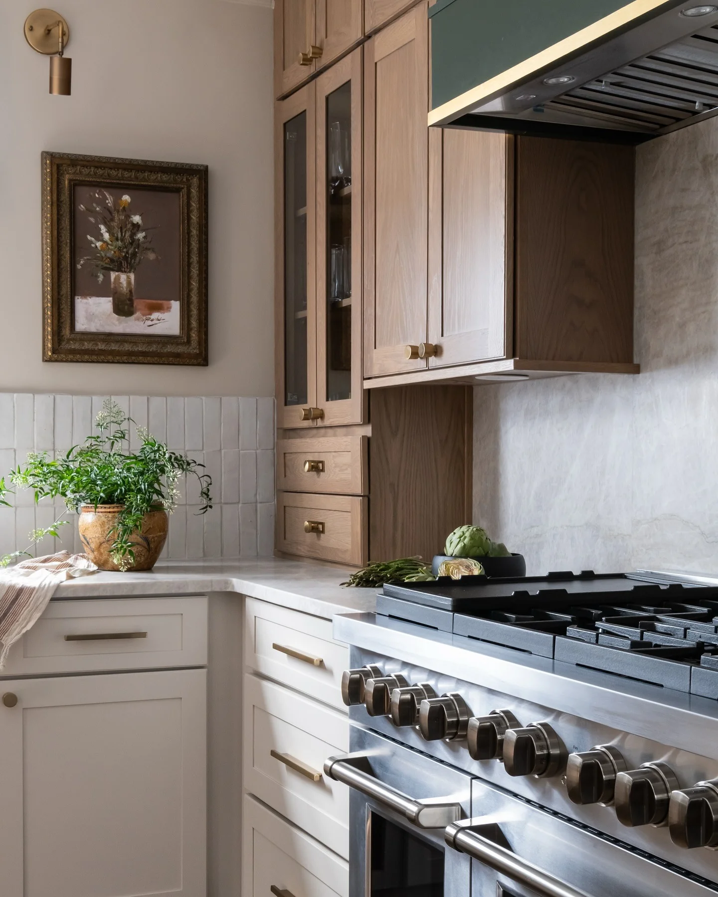 21. Oak Cabinetry with Stone-Inspired Surfaces (Garage Kitchen Ideas)