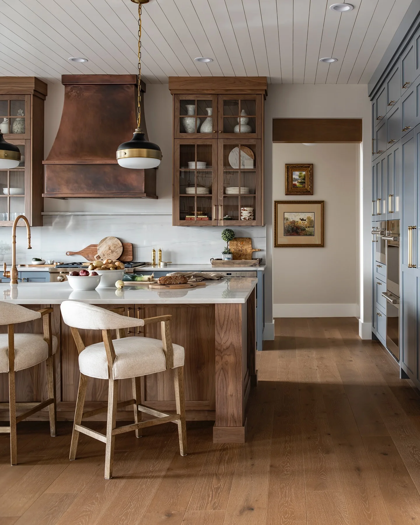 19. Blue and Walnut with Aged Copper Hood (Garage Kitchen Ideas)