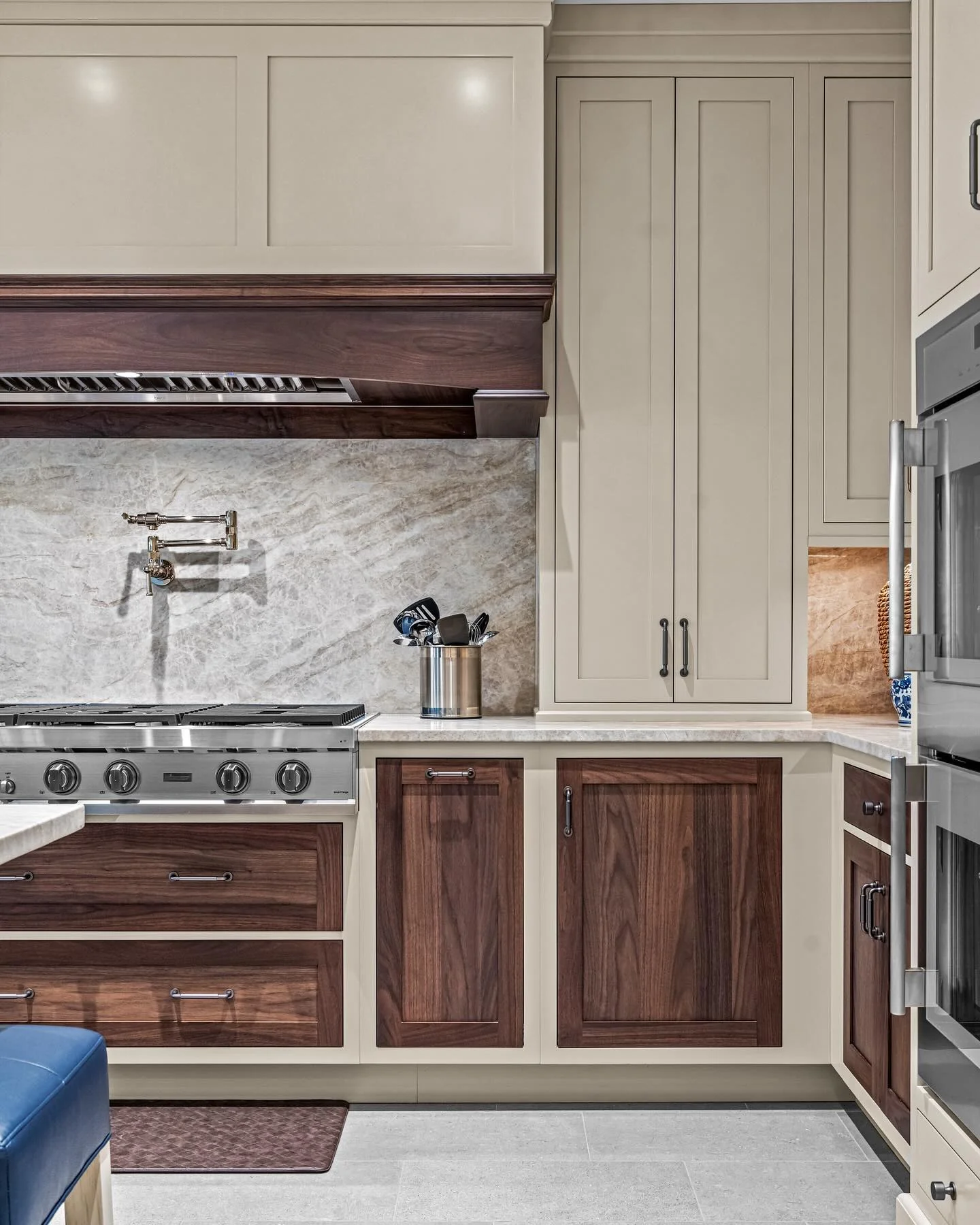 24. Taupe and Walnut with Stone Backsplash (Garage Kitchen Ideas)