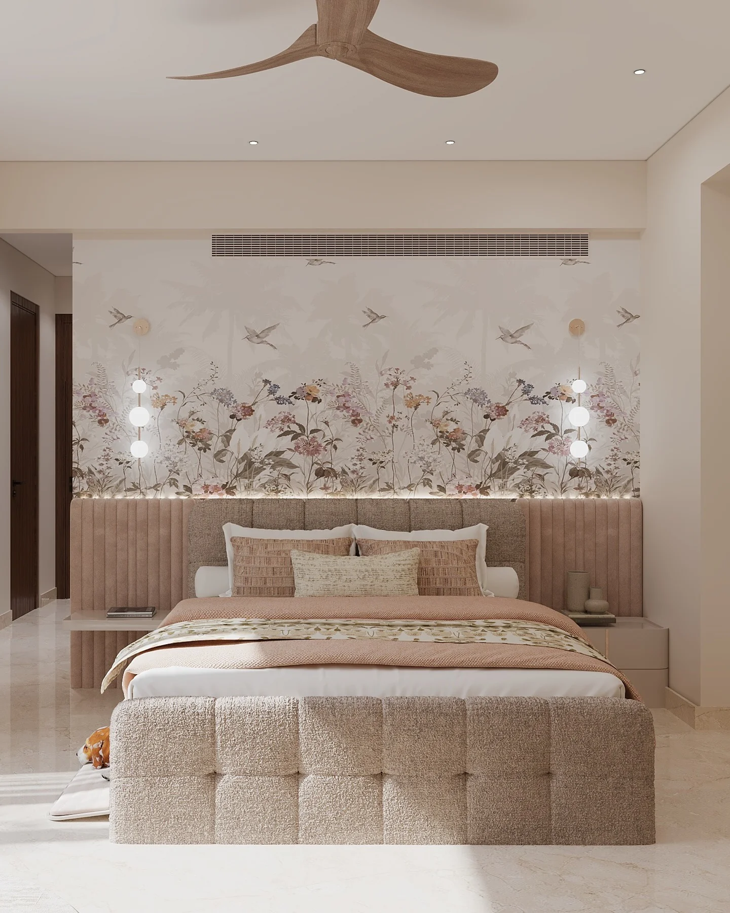 15. Graphic Contrast with Velvet and Mural Accents (Pink and White Bedroom Ideas)