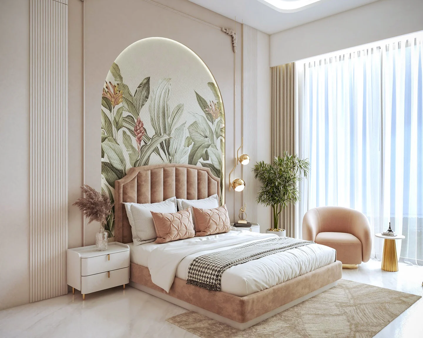 18. Sculpted Elegance with Rosy Florals (Pink and White Bedroom Ideas)