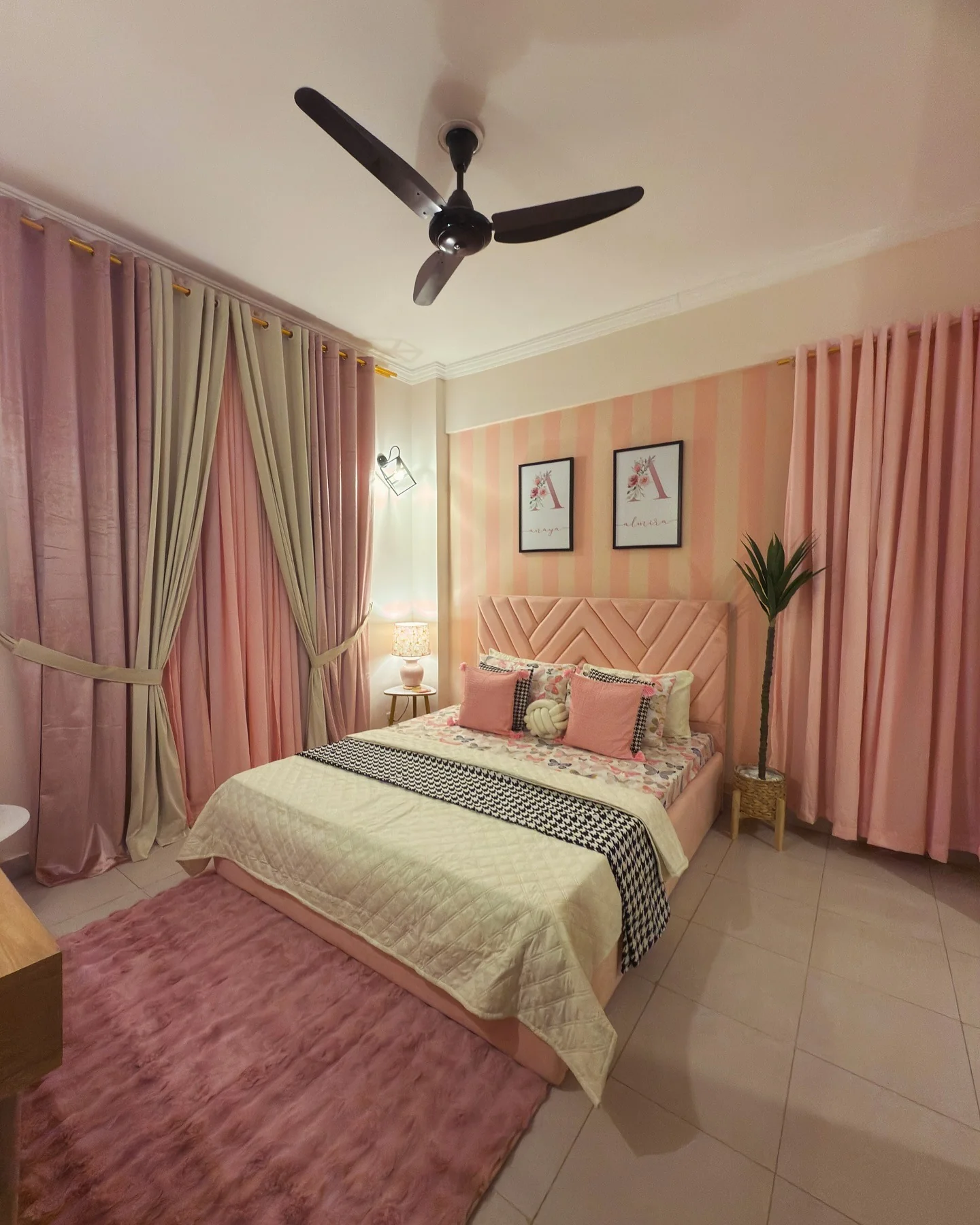 24. Dramatic Drapes and Layered Pinks (Pink and White Bedroom Ideas)