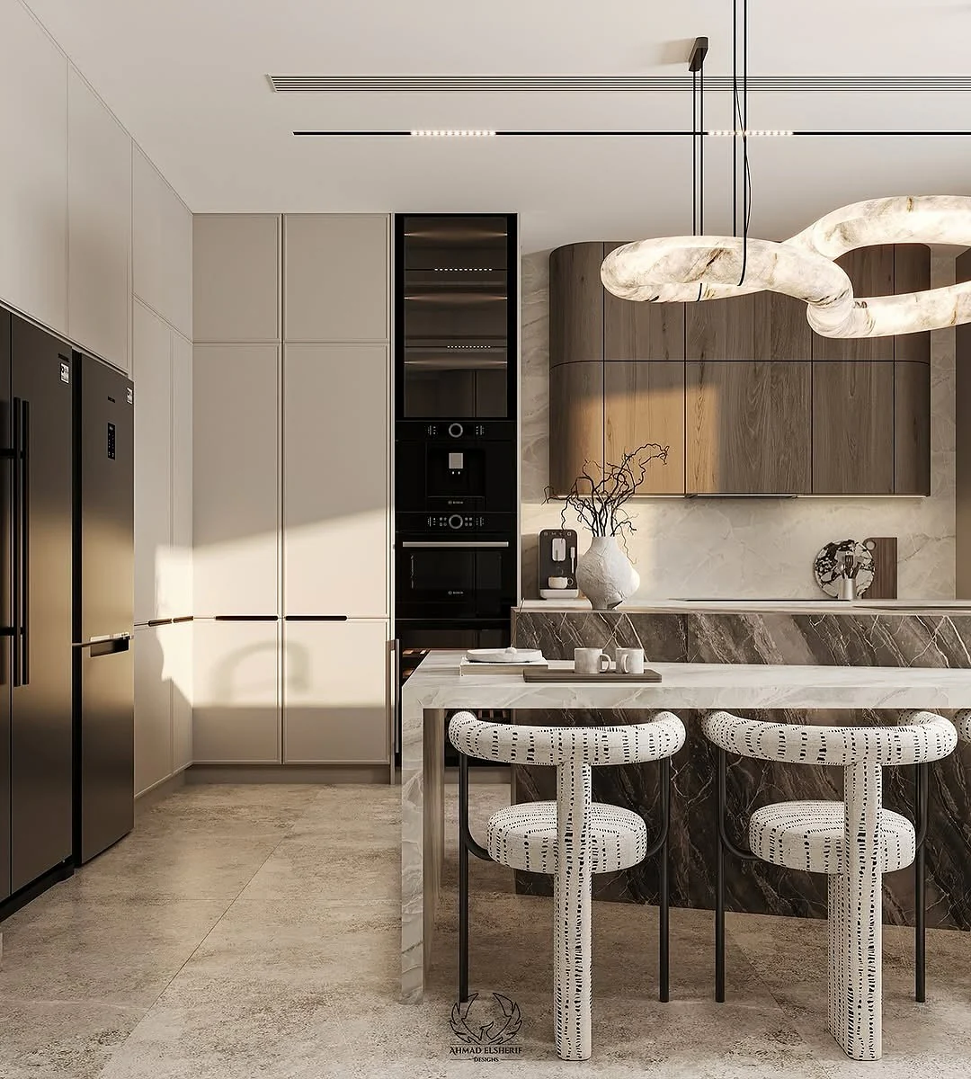 13. High-End Contrast with Curved Elegance (Beige Kitchen Ideas)
