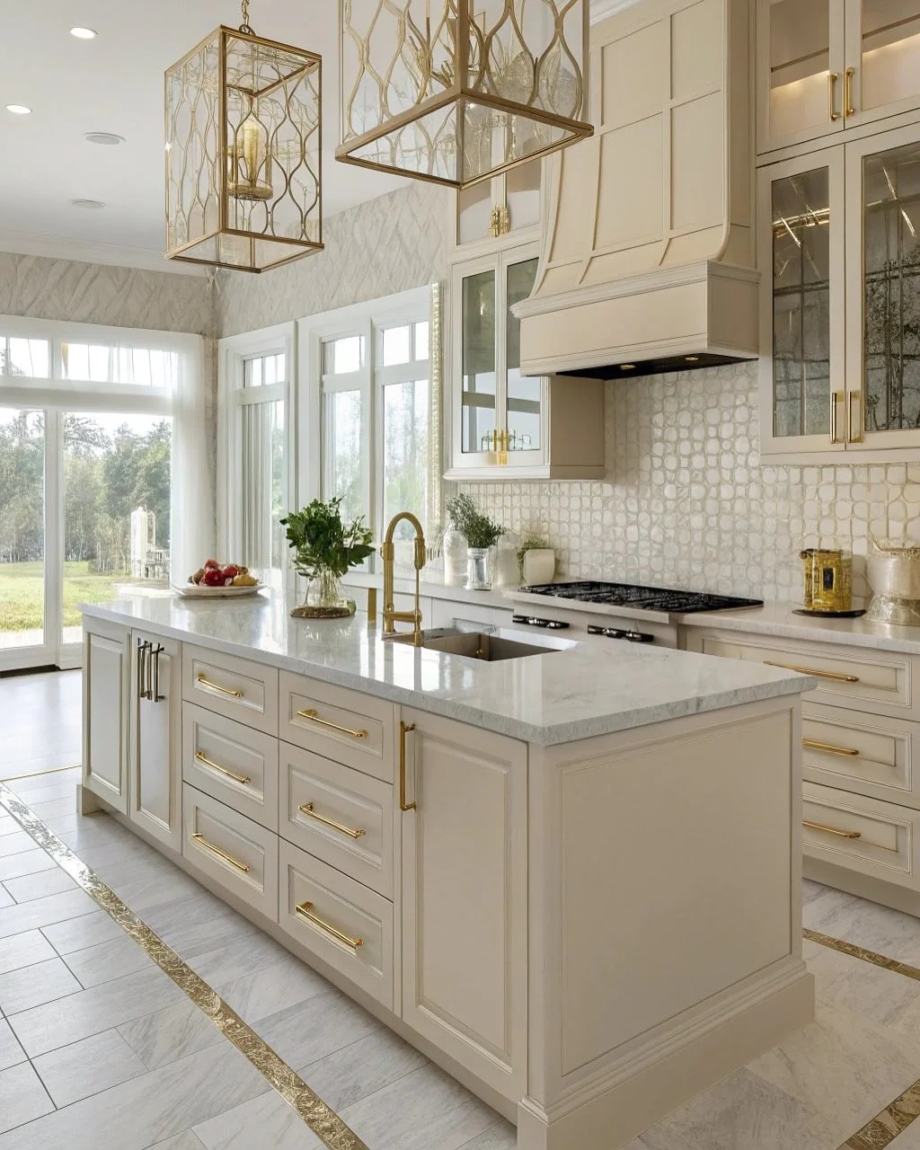 7. Bold Glamour with Gold & Geometry (Beige Kitchen Ideas)