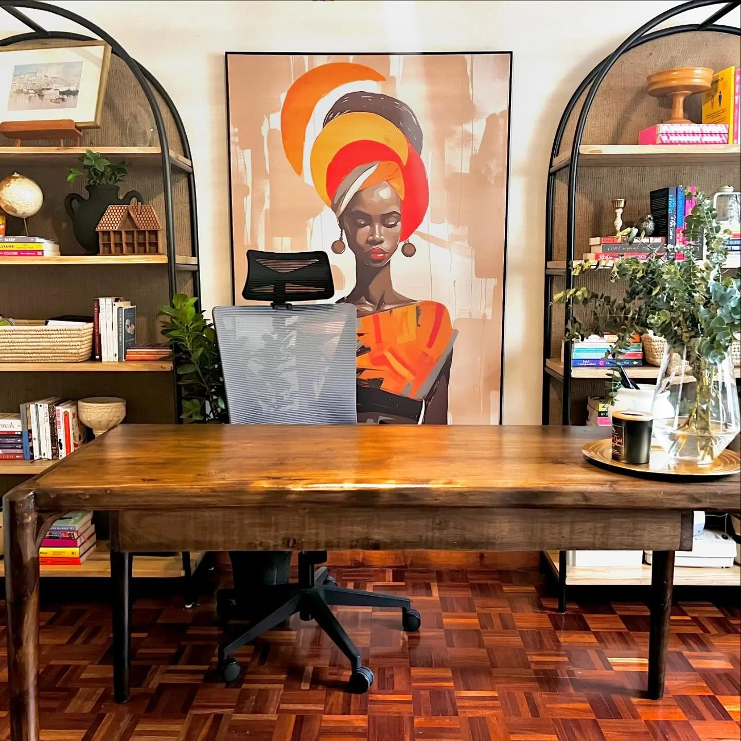 3. Cultural Elegance with Warm Textures (Earth Tones Office Ideas)