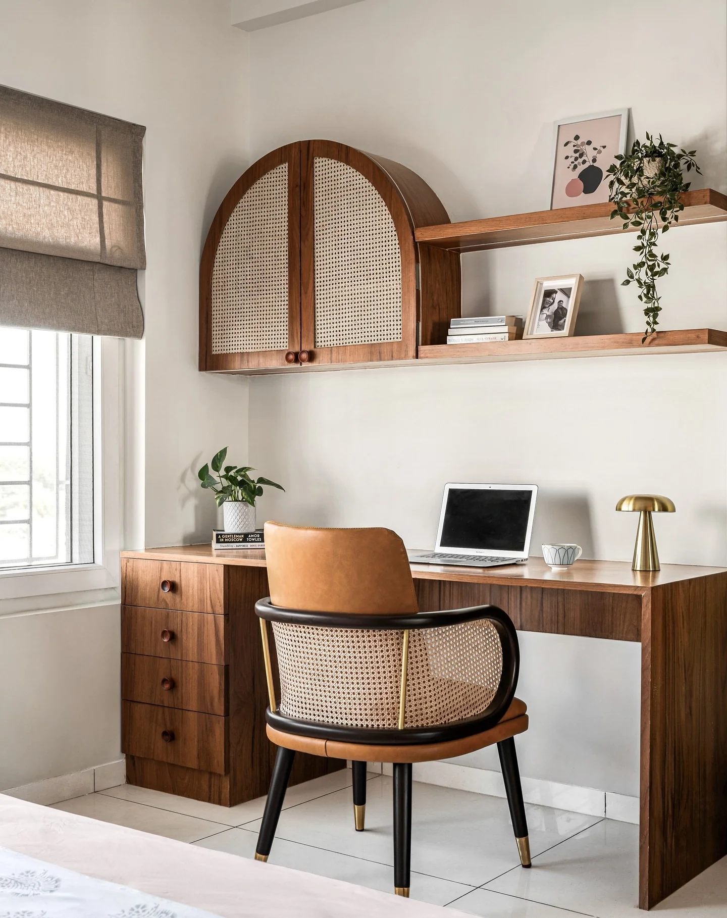 5. Mid-Century Charm with Rattan Detail (Earth Tones Office Ideas)