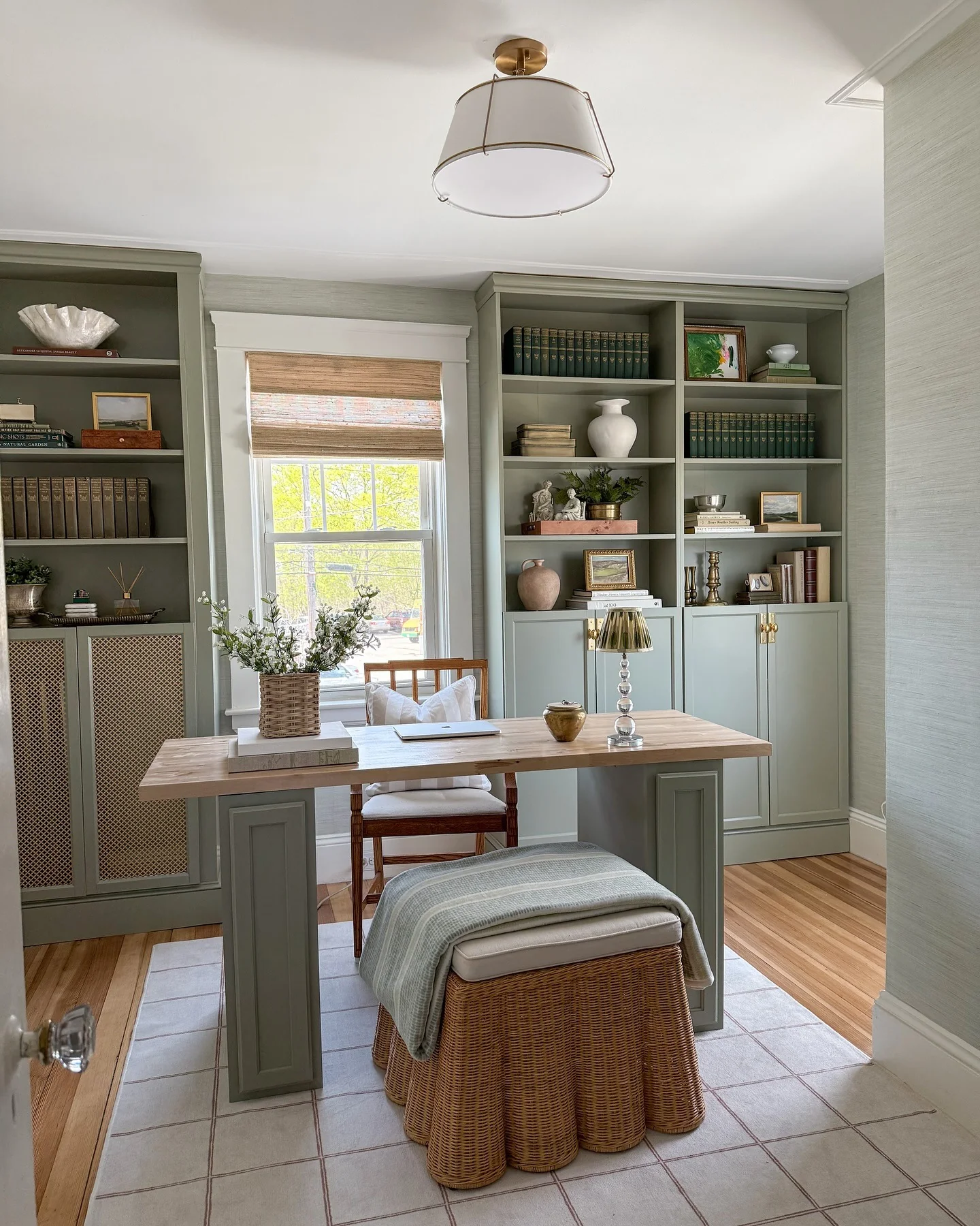 13. Cottage Green Charm with Timeless Layers (Earth Tones Office Ideas)