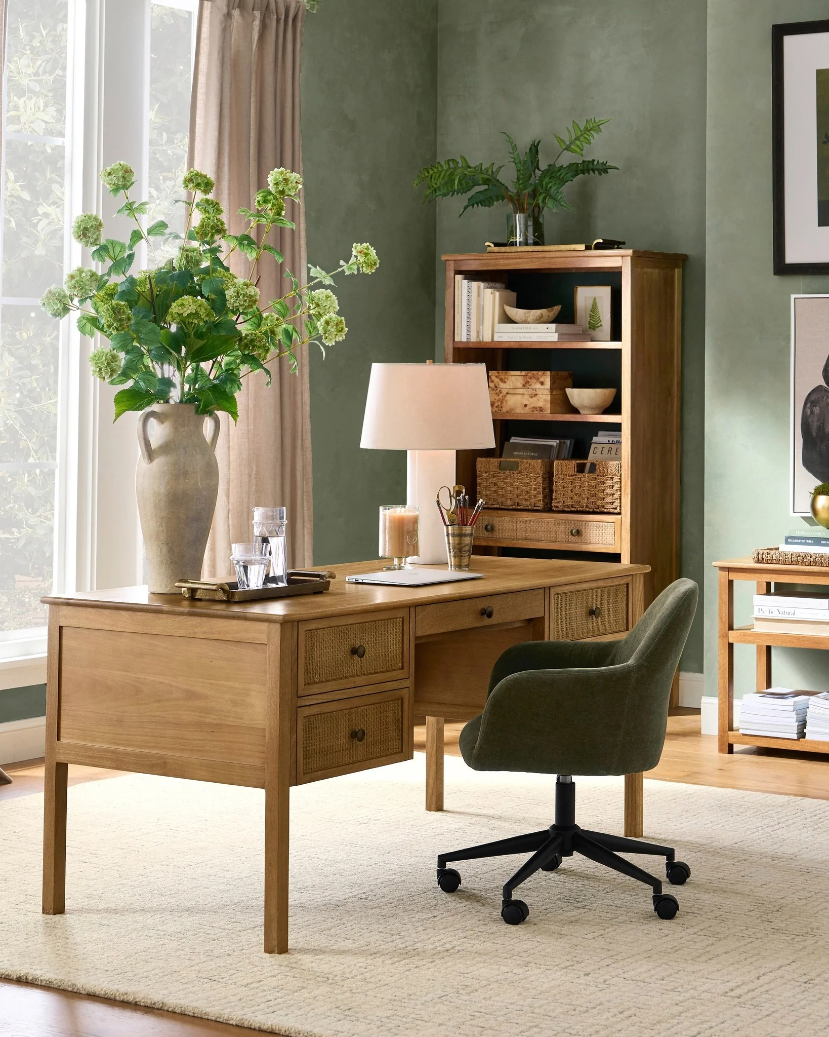 10. Sunlit Greens and Woven Accents (Earth Tones Office Ideas)