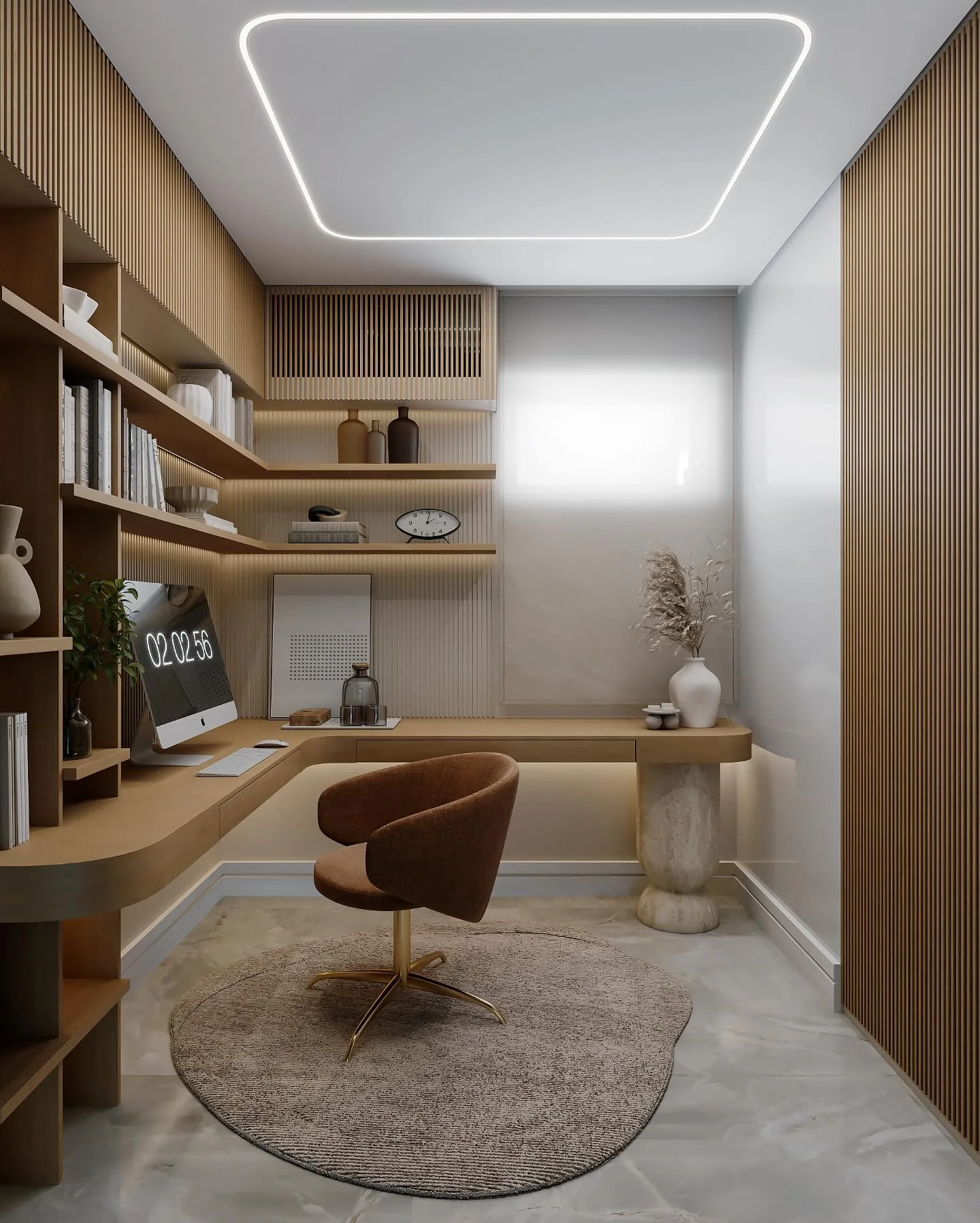 19. Compact Elegance with Curved Corners (Earth Tones Office Ideas)