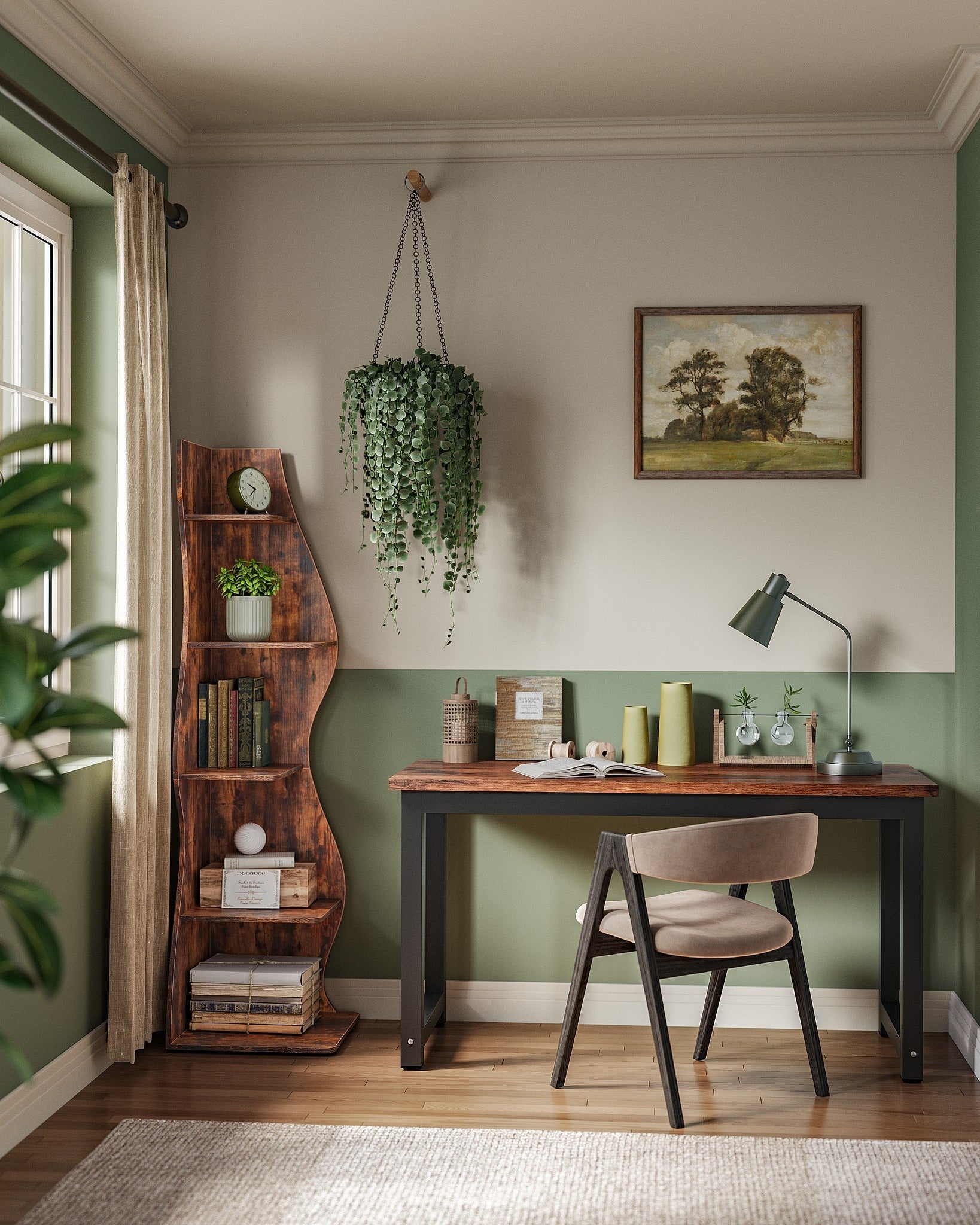 17. Green Studio Vibes with Rustic Whimsy (Earth Tones Office Ideas)